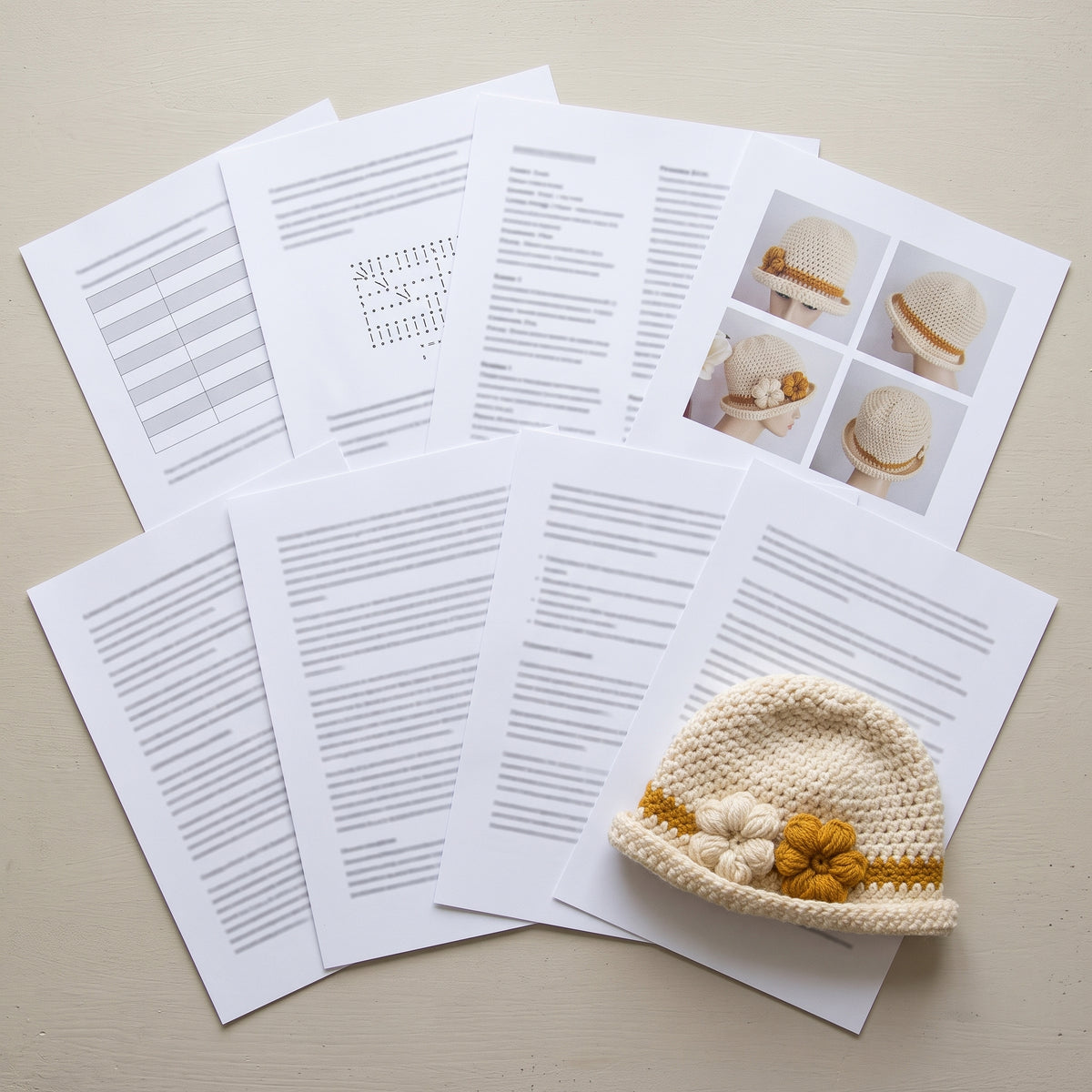 Womens Crochet Hat Pattern, Vintage Style Cloche with Two Flowers, Aran Weight, Rolled Brim, Instant Download PDF