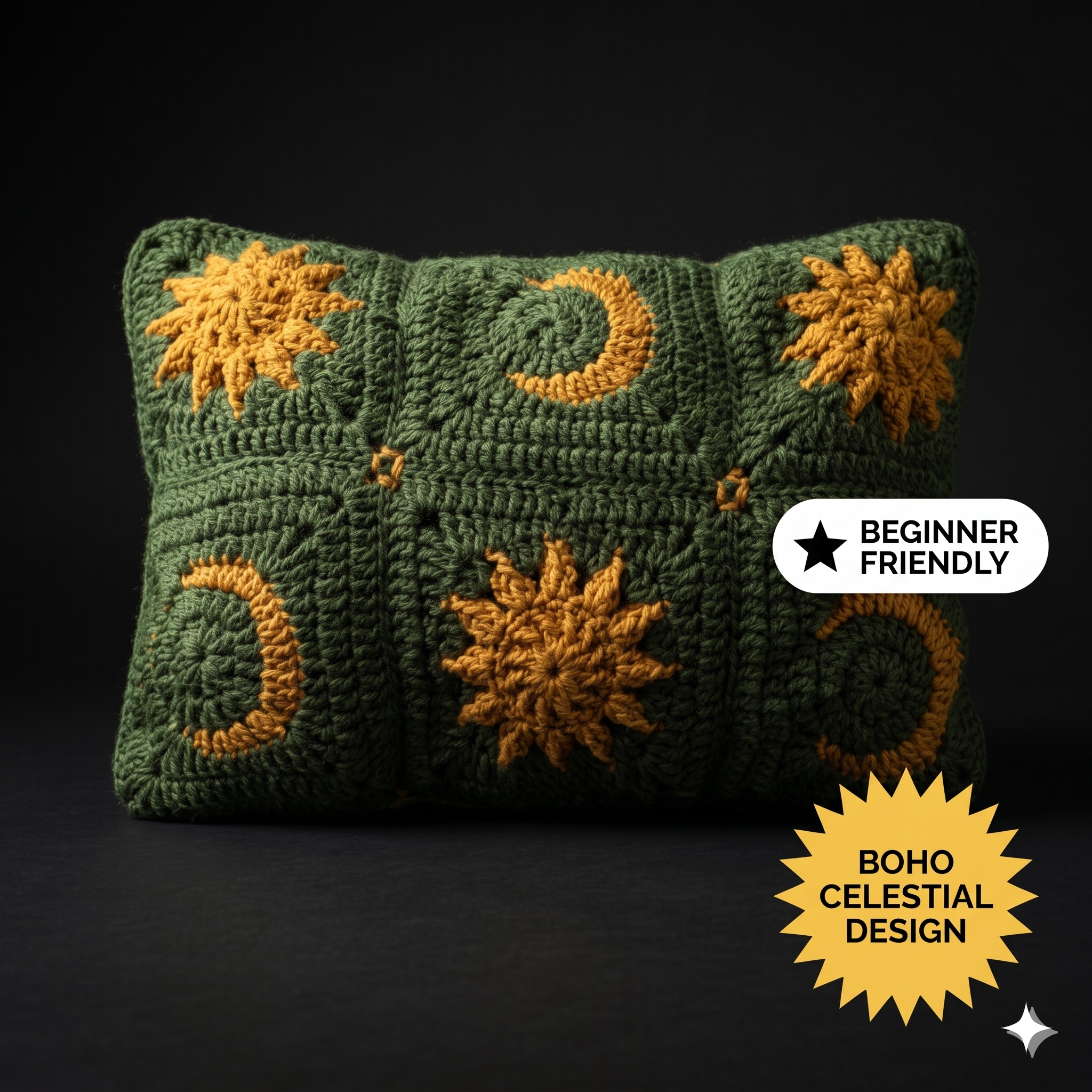 Sun and Moon Celestial Crochet Pillow Pattern – Mustard Yellow and Green Decorative Cushion, PDF Download, Easy Crochet Home Decor,Beginners