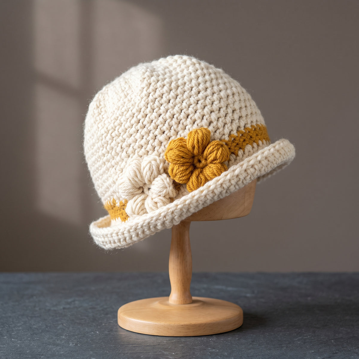 Womens Crochet Hat Pattern, Vintage Style Cloche with Two Flowers, Aran Weight, Rolled Brim, Instant Download PDF