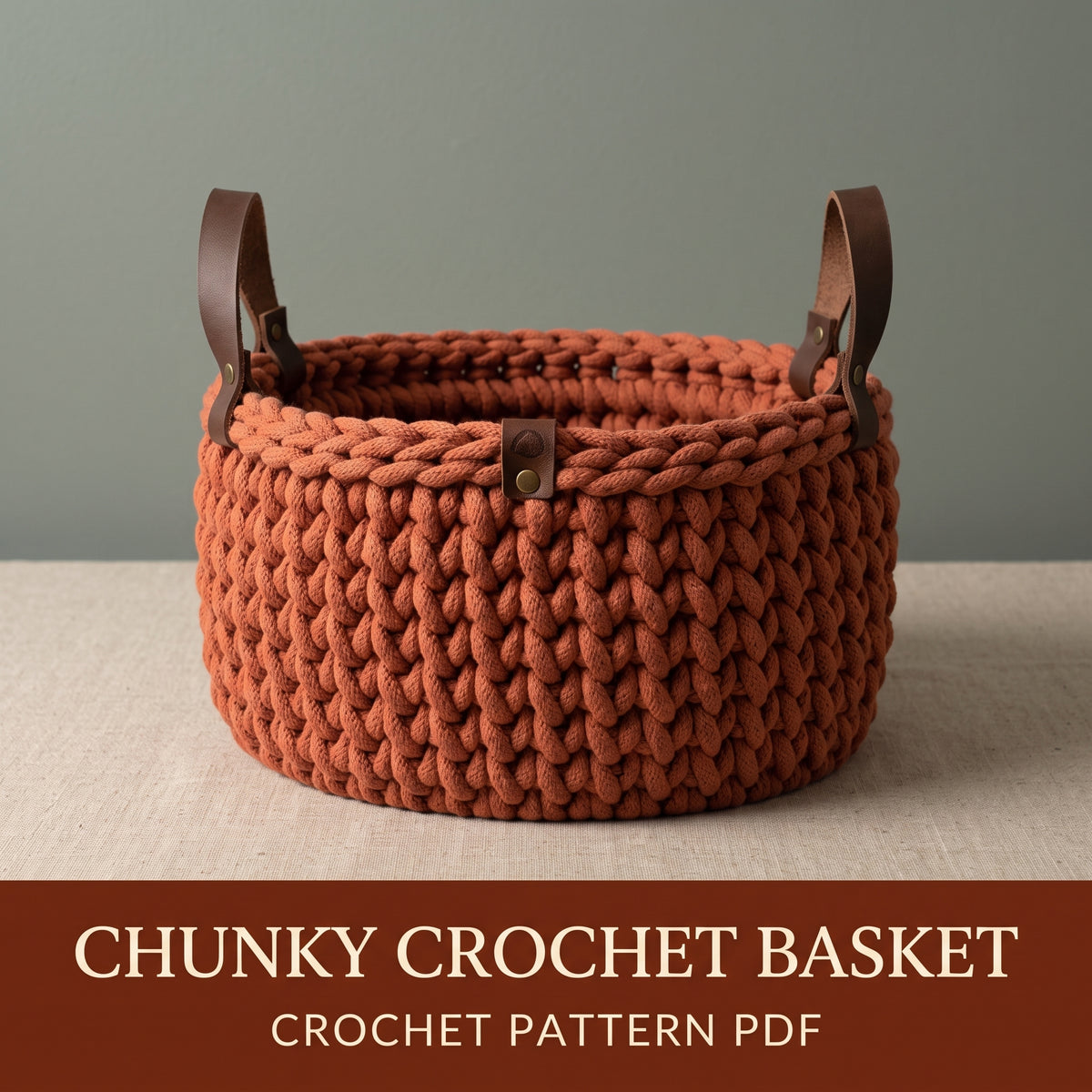 Chunky Crochet Basket Pattern PDF, Leather Handles, Wooden Base