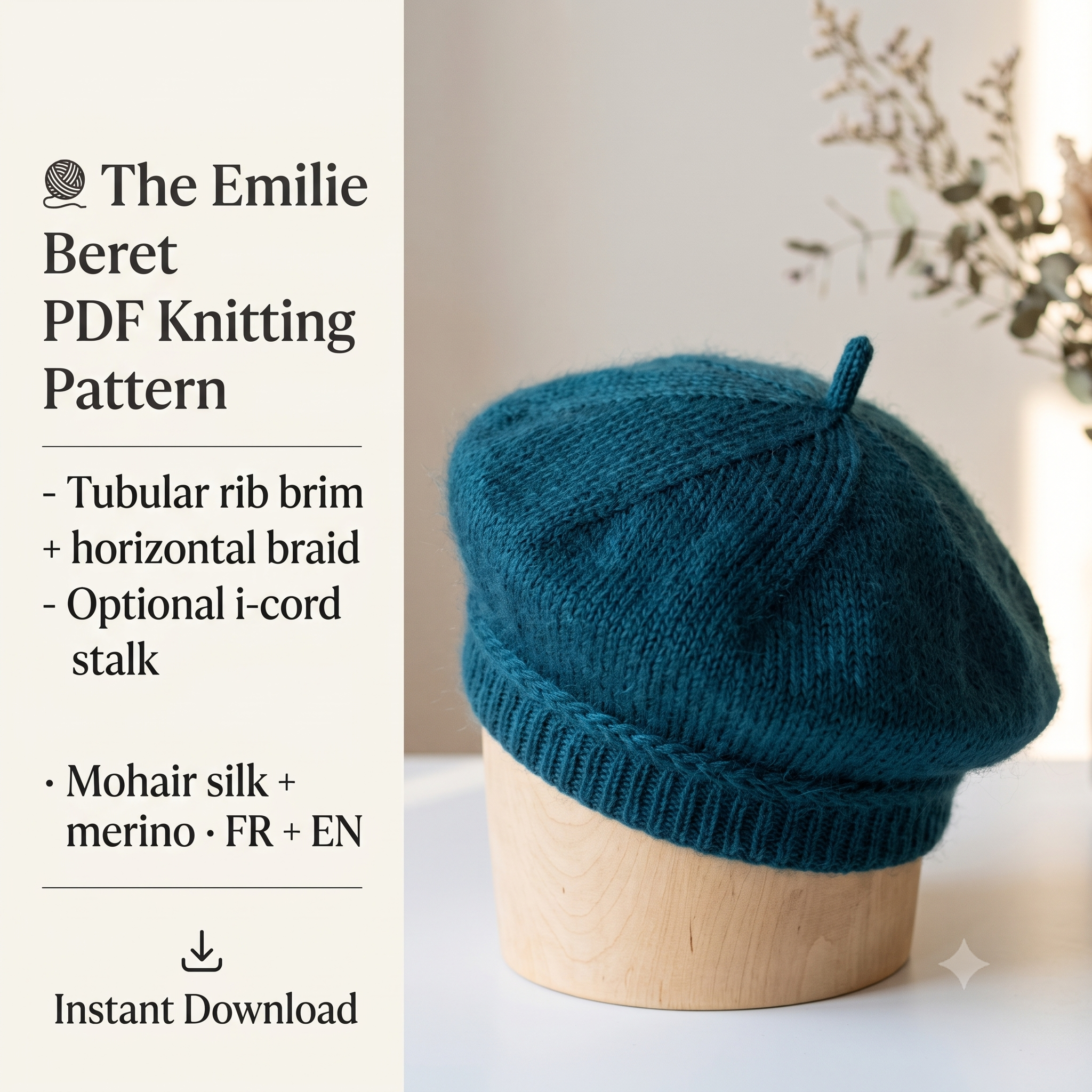 Beret Knitting Pattern PDF | Mohair Silk Beret with Tubular Cast On | 2 Sizes, French and English | Instant Download