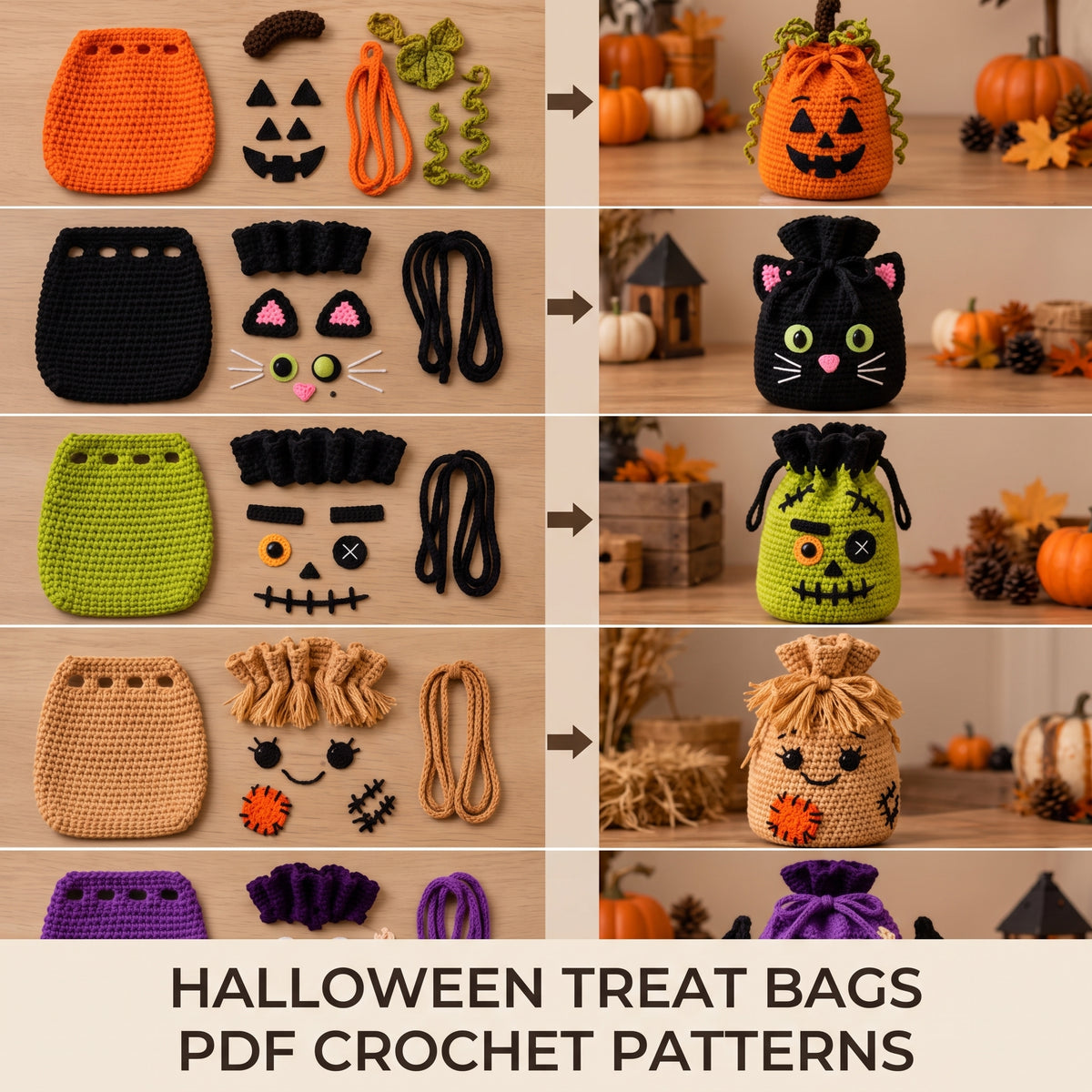 Halloween Treat Bag Crochet Pattern | 5 Patterns — Pumpkin, Cat, Frankenstein, Scarecrow, Bat | PDF