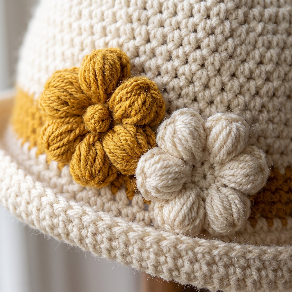 Womens Crochet Hat Pattern, Vintage Style Cloche with Two Flowers, Aran Weight, Rolled Brim, Instant Download PDF