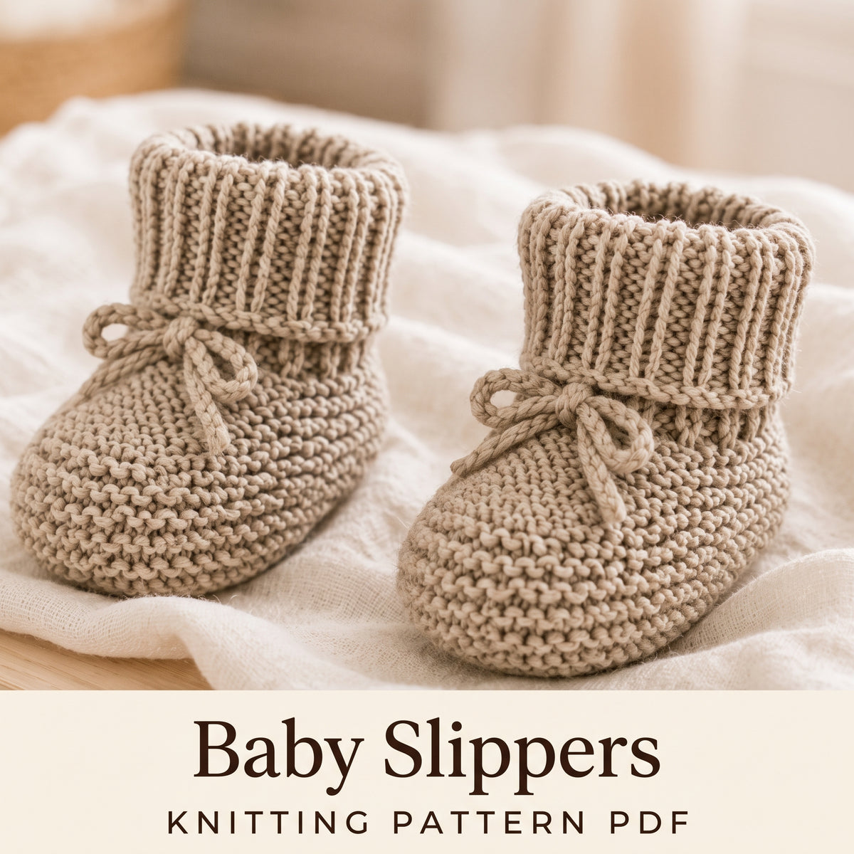 Baby Slippers Knitting Pattern PDF, Garter Stitch Baby Booties with Ribbed Cuff and Tie, 6 Sizes Newborn to 4 Years