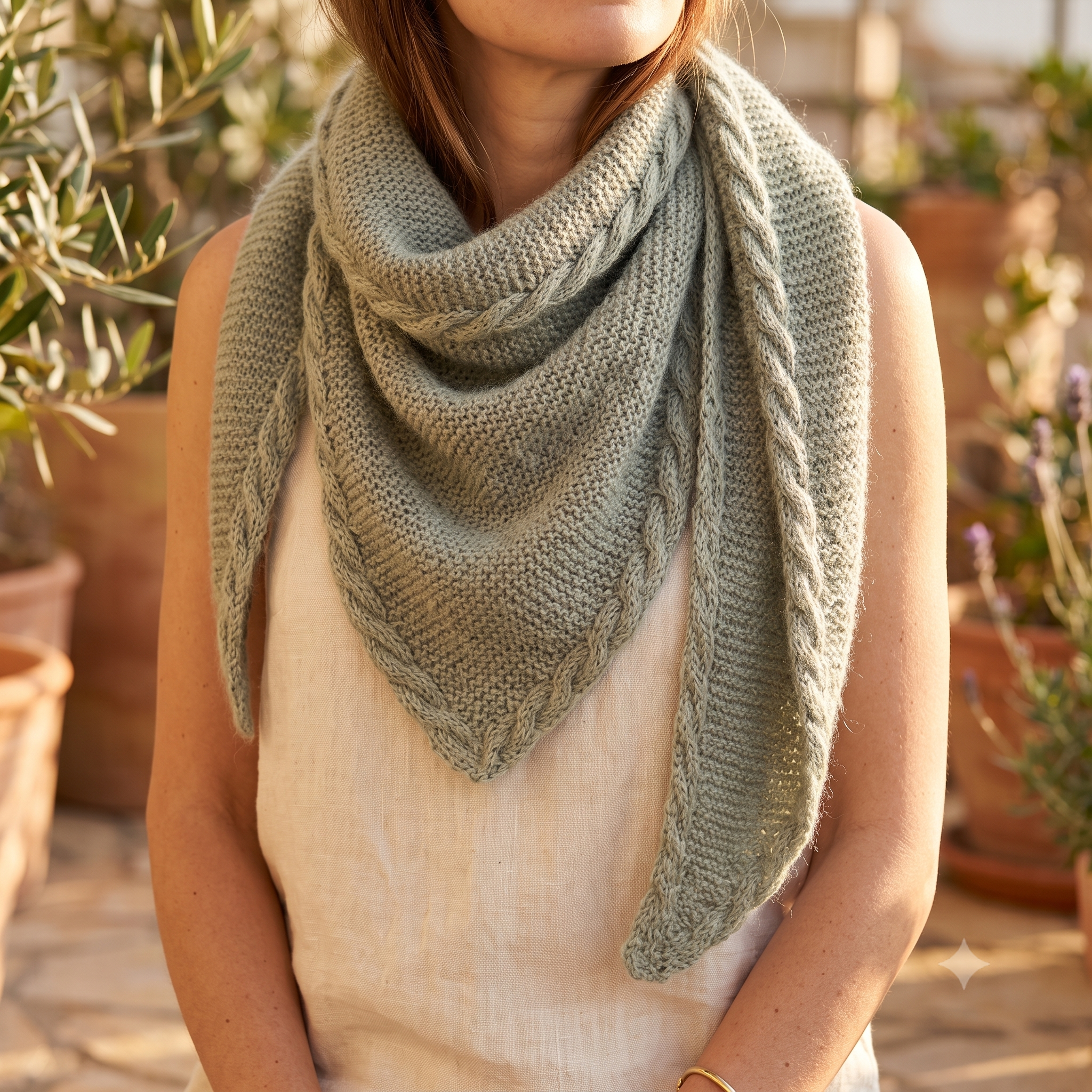 Brad Shawl Knitting Pattern – PDF Triangle Wrap Pattern – 3 Sizes S/M/L – Garter Stitch Bandana Scarf with Cabled Borders – Instant Download