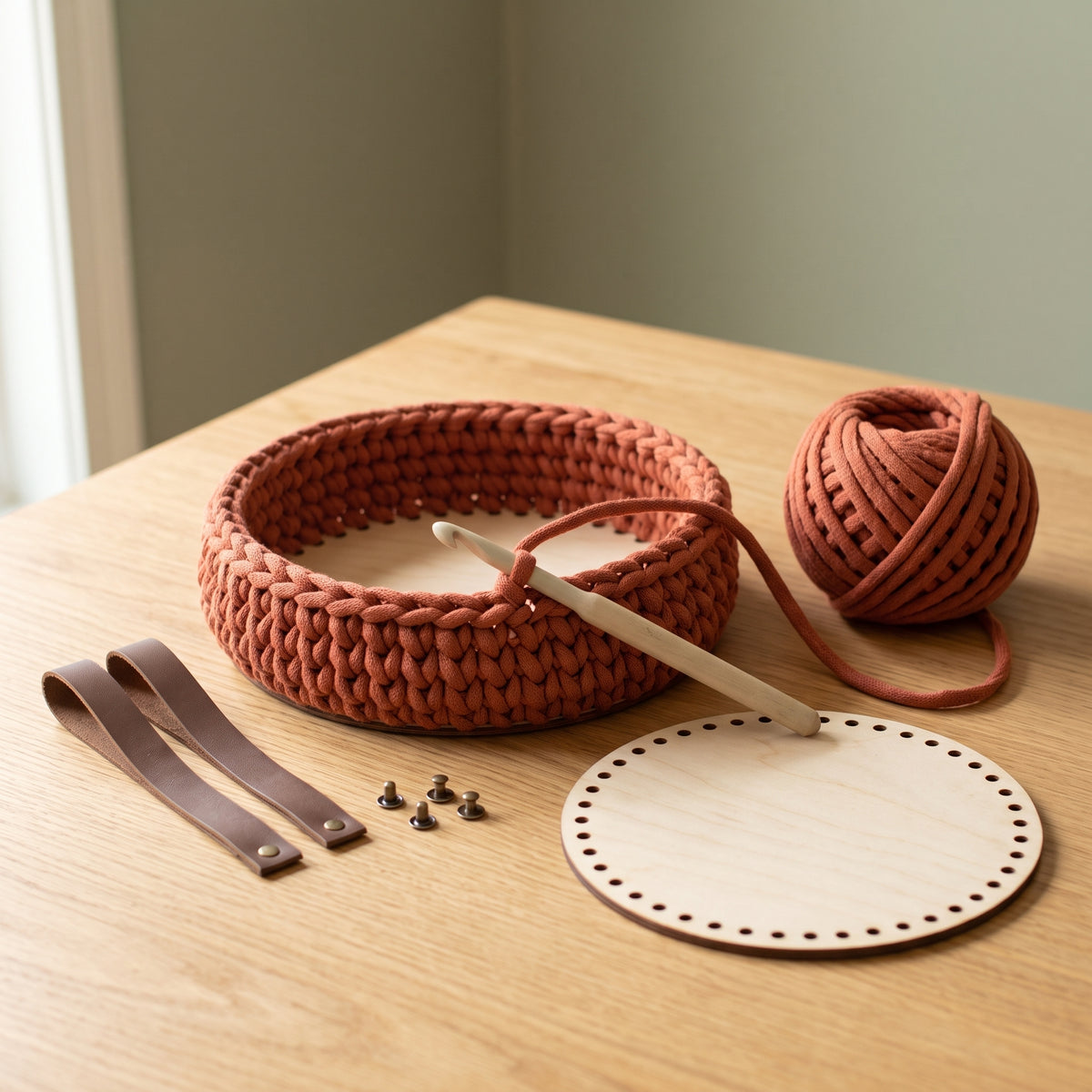 Chunky Crochet Basket Pattern PDF, Leather Handles, Wooden Base