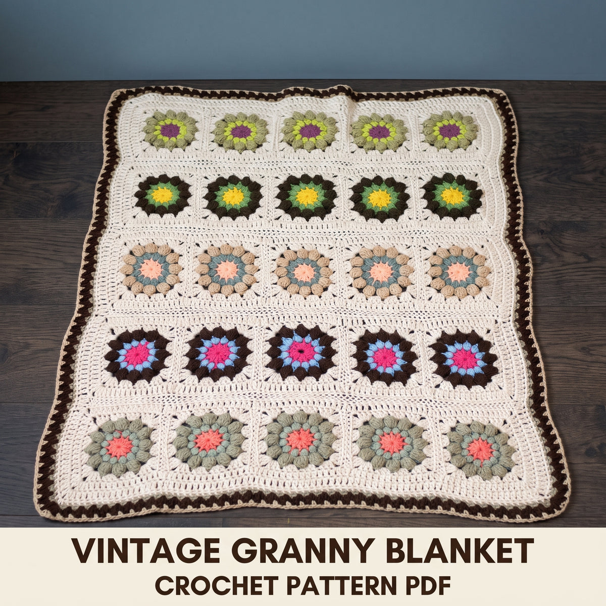 Vintage Granny Square Blanket Crochet Pattern PDF, Puff Flower Squares on Cream with Chocolate Edge, Retro Afghan