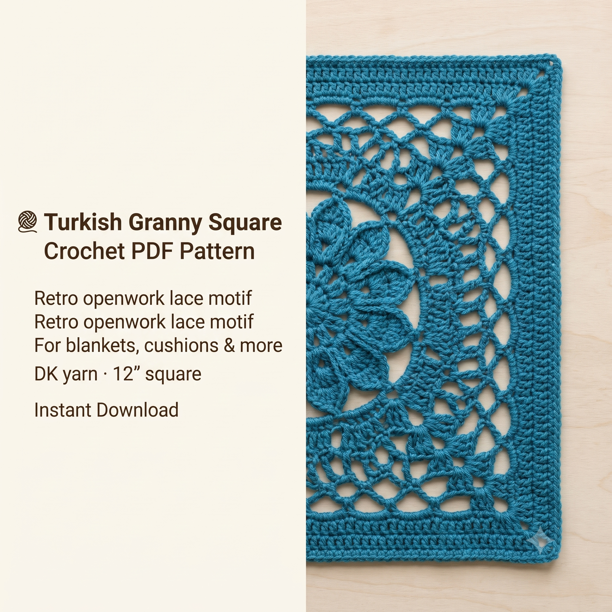 Turkish Granny Square Crochet Pattern PDF, Easy Retro Motif, Lace Granny Square, Blanket Cushion Cardigan, US Terms, Instant Download