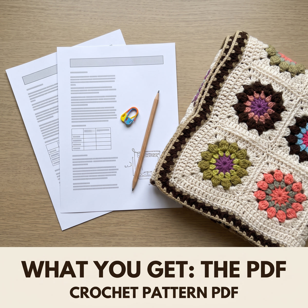Vintage Granny Square Blanket Crochet Pattern PDF, Puff Flower Squares on Cream with Chocolate Edge, Retro Afghan