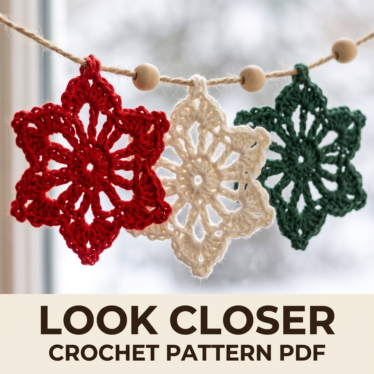 Snowflake Garland Crochet Pattern PDF, White Cotton Christmas Bunting on Jute Twine, Nine Lace Snowflakes