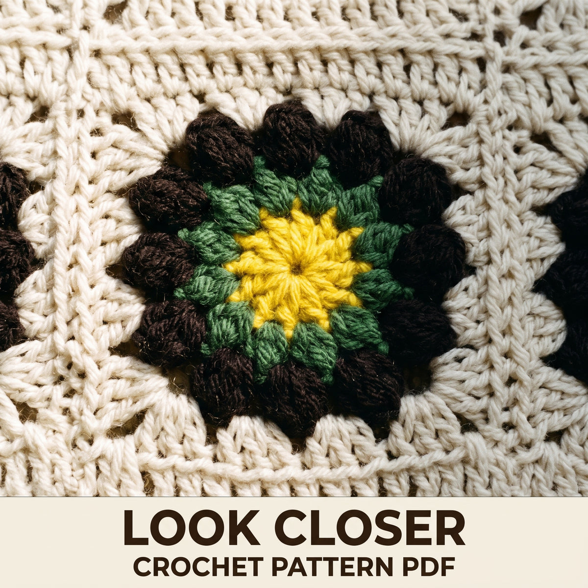 Vintage Granny Square Blanket Crochet Pattern PDF, Puff Flower Squares on Cream with Chocolate Edge, Retro Afghan