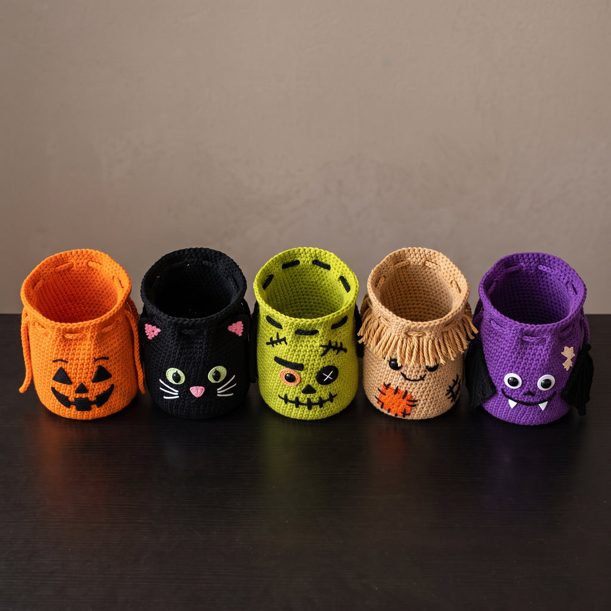 Halloween Treat Bag Crochet Pattern | 5 Patterns — Pumpkin, Cat, Frankenstein, Scarecrow, Bat | PDF