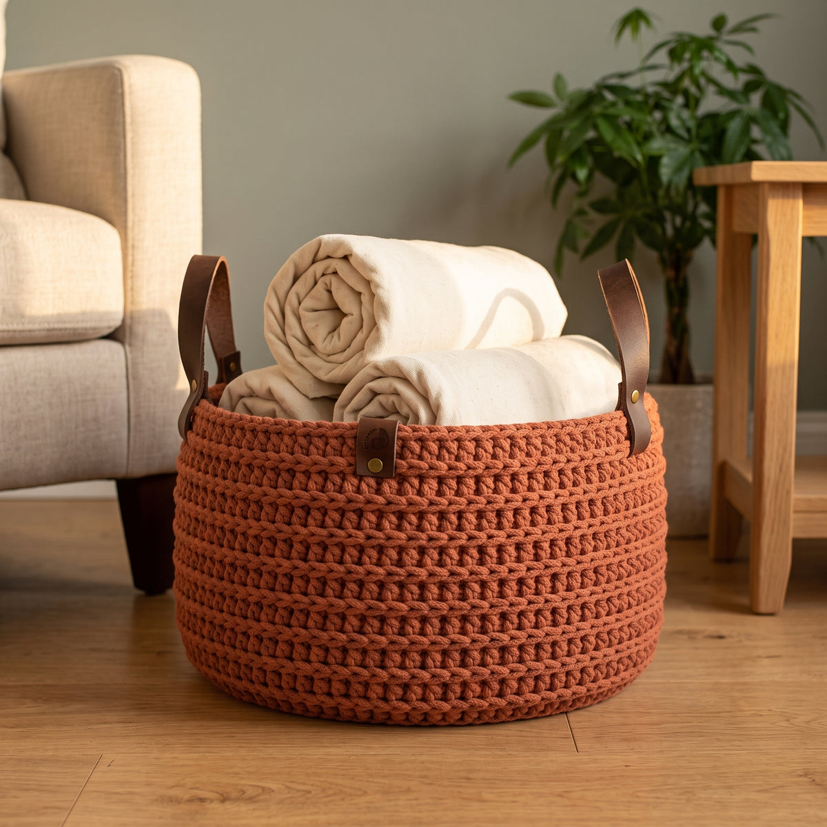 Chunky Crochet Basket Pattern PDF, Leather Handles, Wooden Base