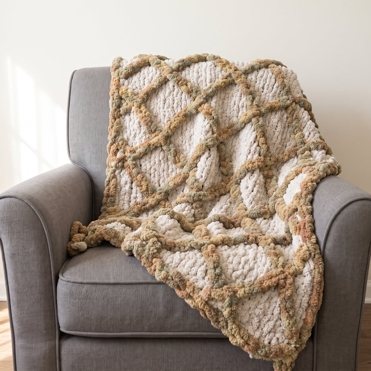 Hand Knit Blanket Pattern PDF | No Needles or Hooks Needed | Diamond Lattice Throw 30x50 in | Chunky Yarn, Instant Download