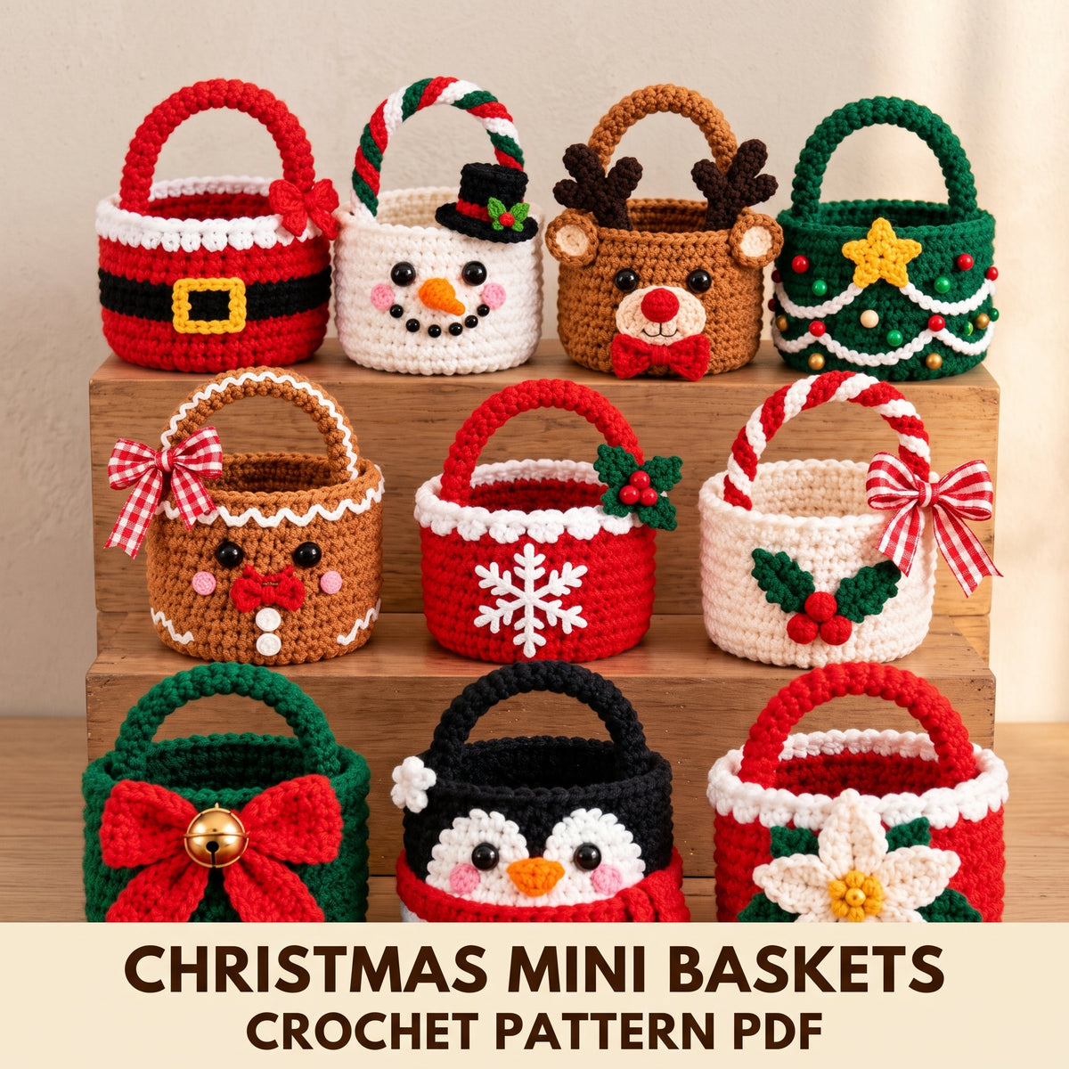 Christmas Mini Baskets Crochet Pattern PDF, 10 Designs, Santa Snowman Reindeer Gingerbread Penguin, Treat Baskets