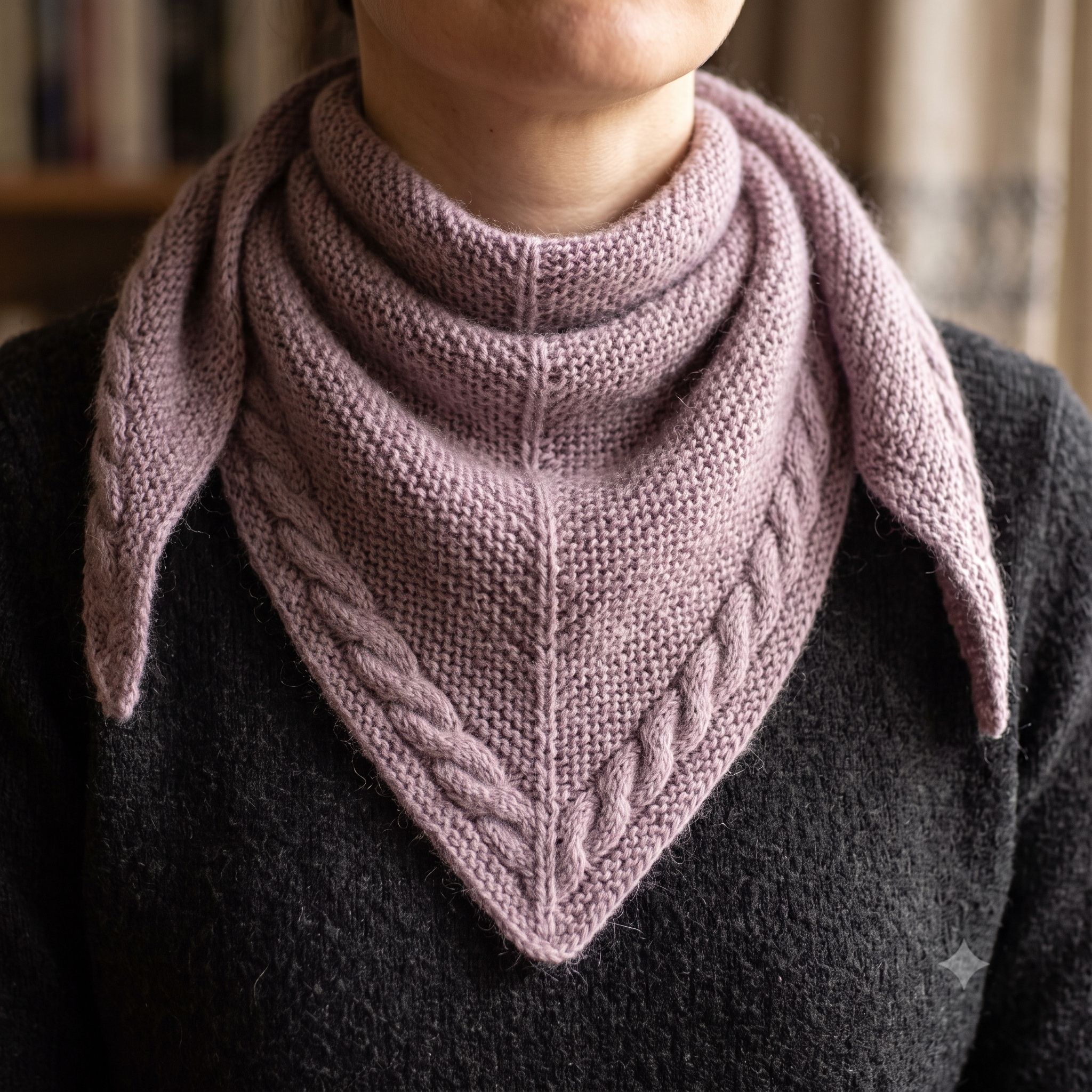 Brad Shawl Knitting Pattern – PDF Triangle Wrap Pattern – 3 Sizes S/M/L – Garter Stitch Bandana Scarf with Cabled Borders – Instant Download