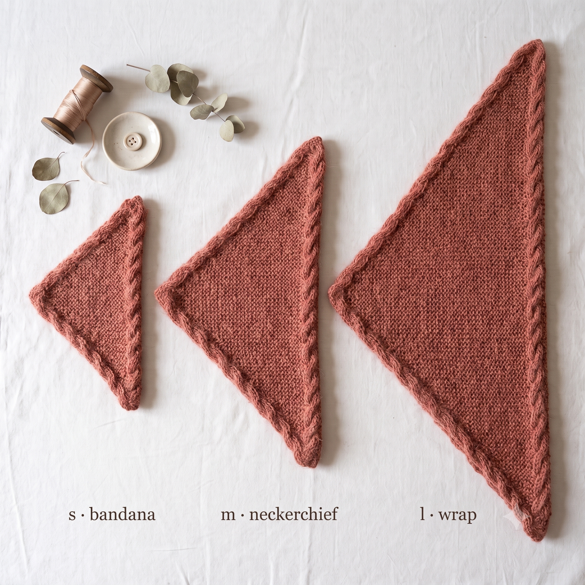 Brad Shawl Knitting Pattern – PDF Triangle Wrap Pattern – 3 Sizes S/M/L – Garter Stitch Bandana Scarf with Cabled Borders – Instant Download