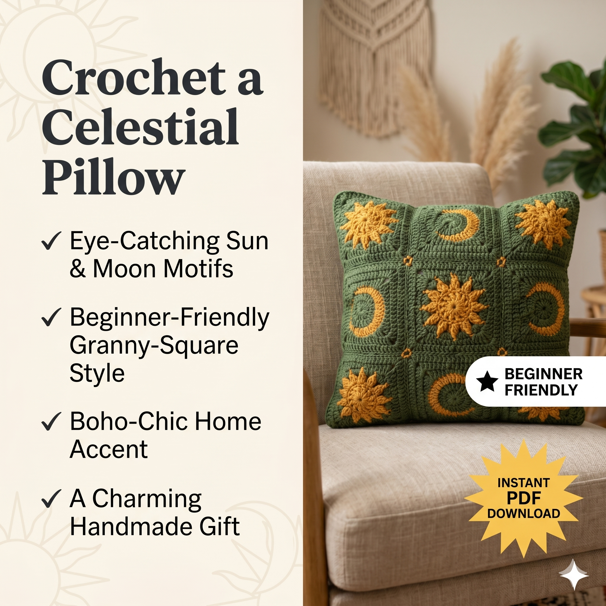 Sun and Moon Celestial Crochet Pillow Pattern – Mustard Yellow and Green Decorative Cushion, PDF Download, Easy Crochet Home Decor,Beginners