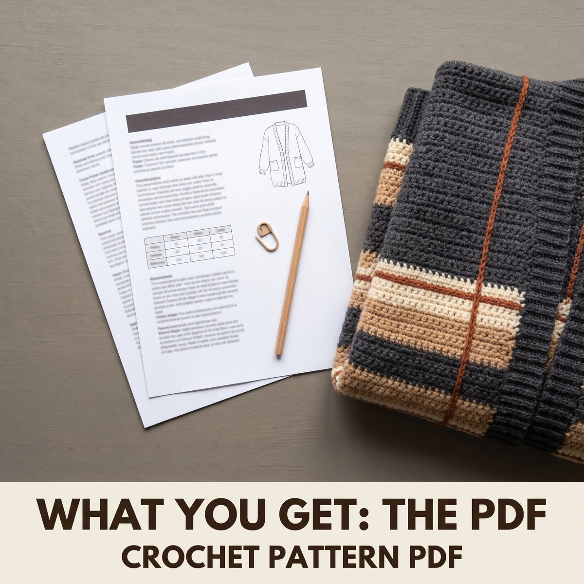 Plaid Long Cardigan Crochet Pattern PDF, Oversized Tartan Duster, Moss Stitch and Surface Crochet, XS to 5XL