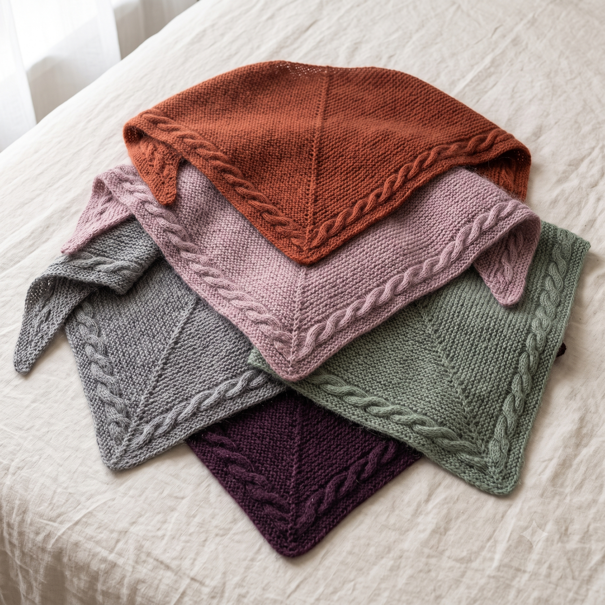 Brad Shawl Knitting Pattern – PDF Triangle Wrap Pattern – 3 Sizes S/M/L – Garter Stitch Bandana Scarf with Cabled Borders – Instant Download