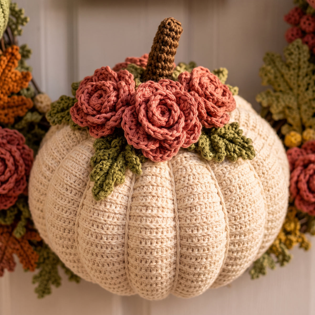 Fall Wreath Crochet Pattern | Pumpkins, Roses & Leaves in One Pattern | 16-18 inch Autumn Door Wreath | Instant Download PDF