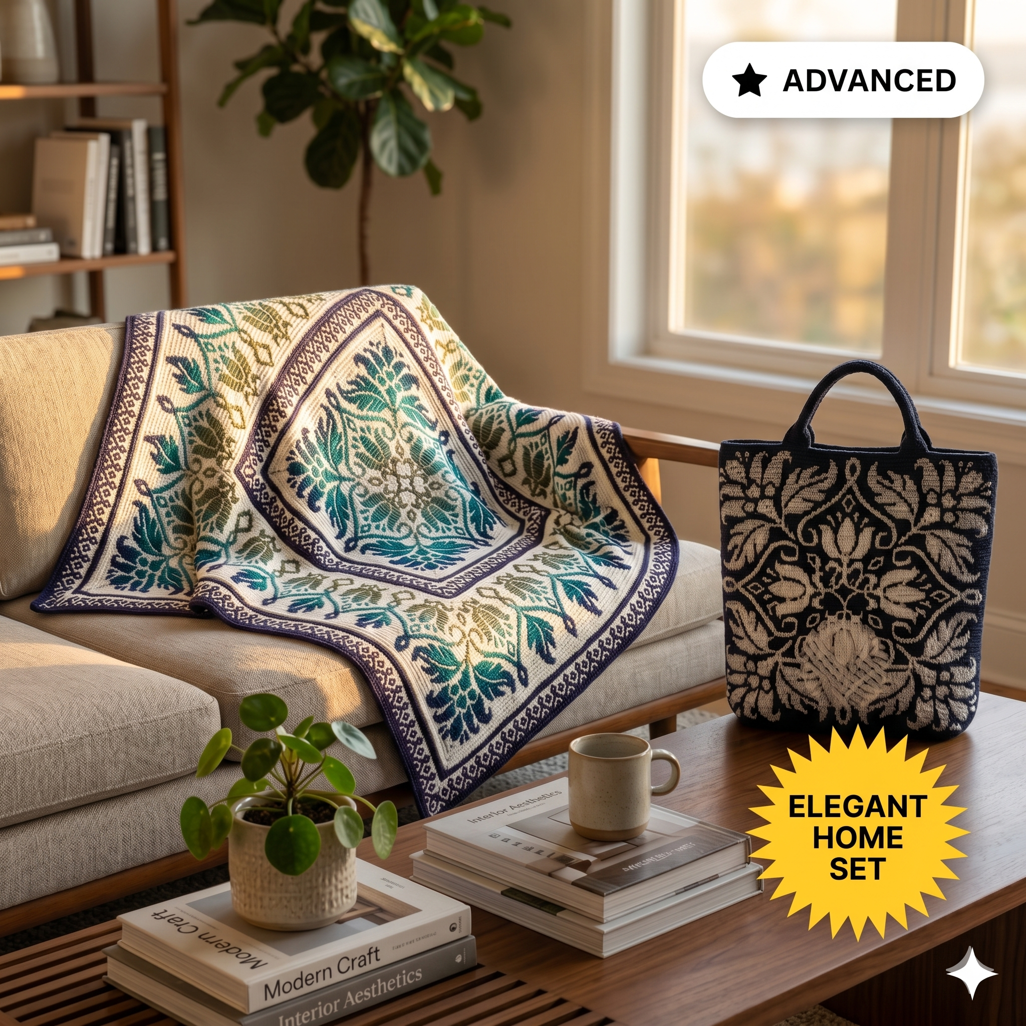 3 in 1 Petalique Crochet PATTERN Set - Blanket, Pillow/ Wall Hanging, Bag/ Cushion - Overlay Mosaic (PDF)