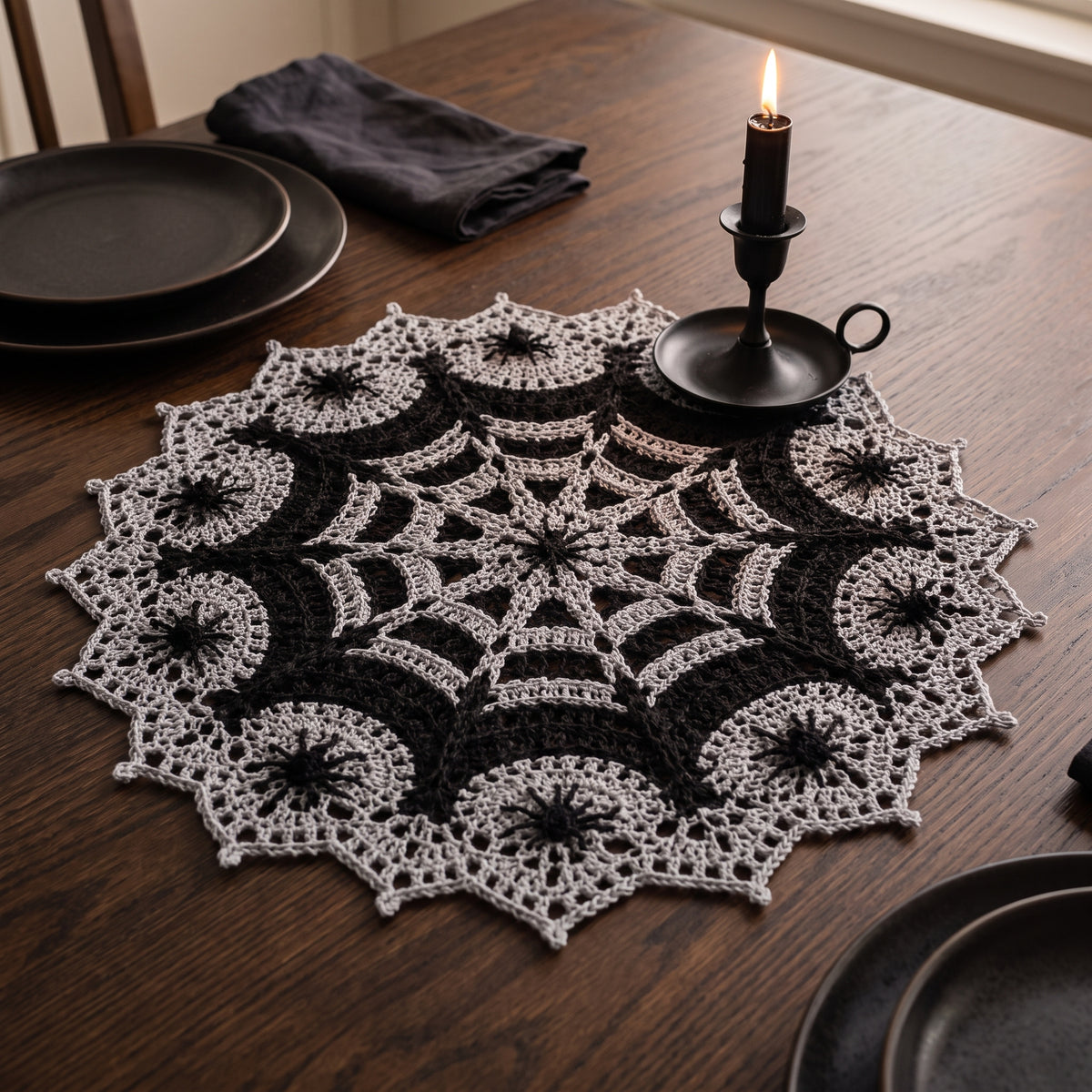 Spiderweb Doily Crochet Pattern | Gothic Halloween Lace Centerpiece in Black & Silver | Thread Crochet | Instant Download PDF