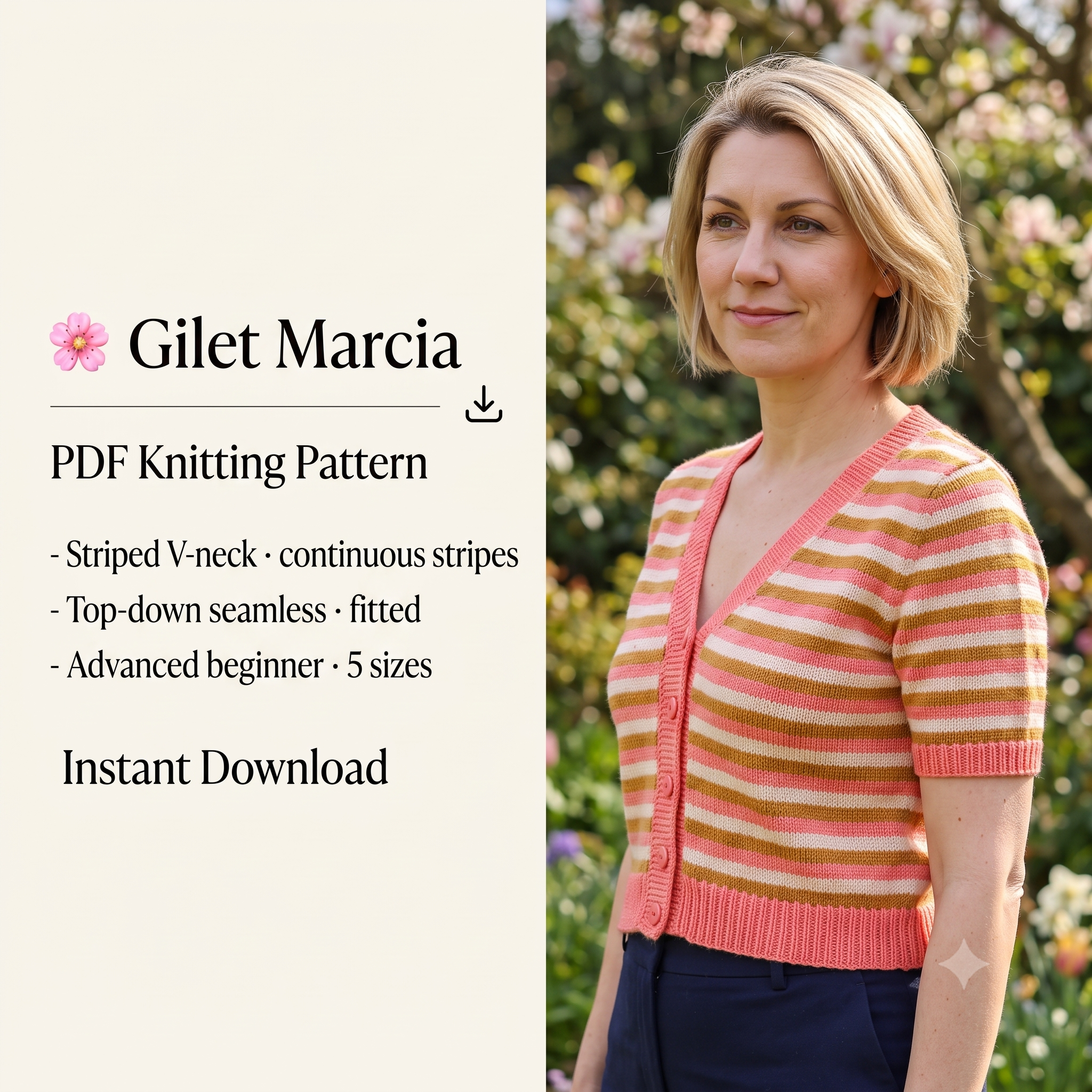 Striped Cardigan Knitting Pattern PDF – Top-Down V-Neck Sweater – Beginner-Friendly Seamless Knit – Fitted Merino Cardigan with Continuous Stripes – Instant Download