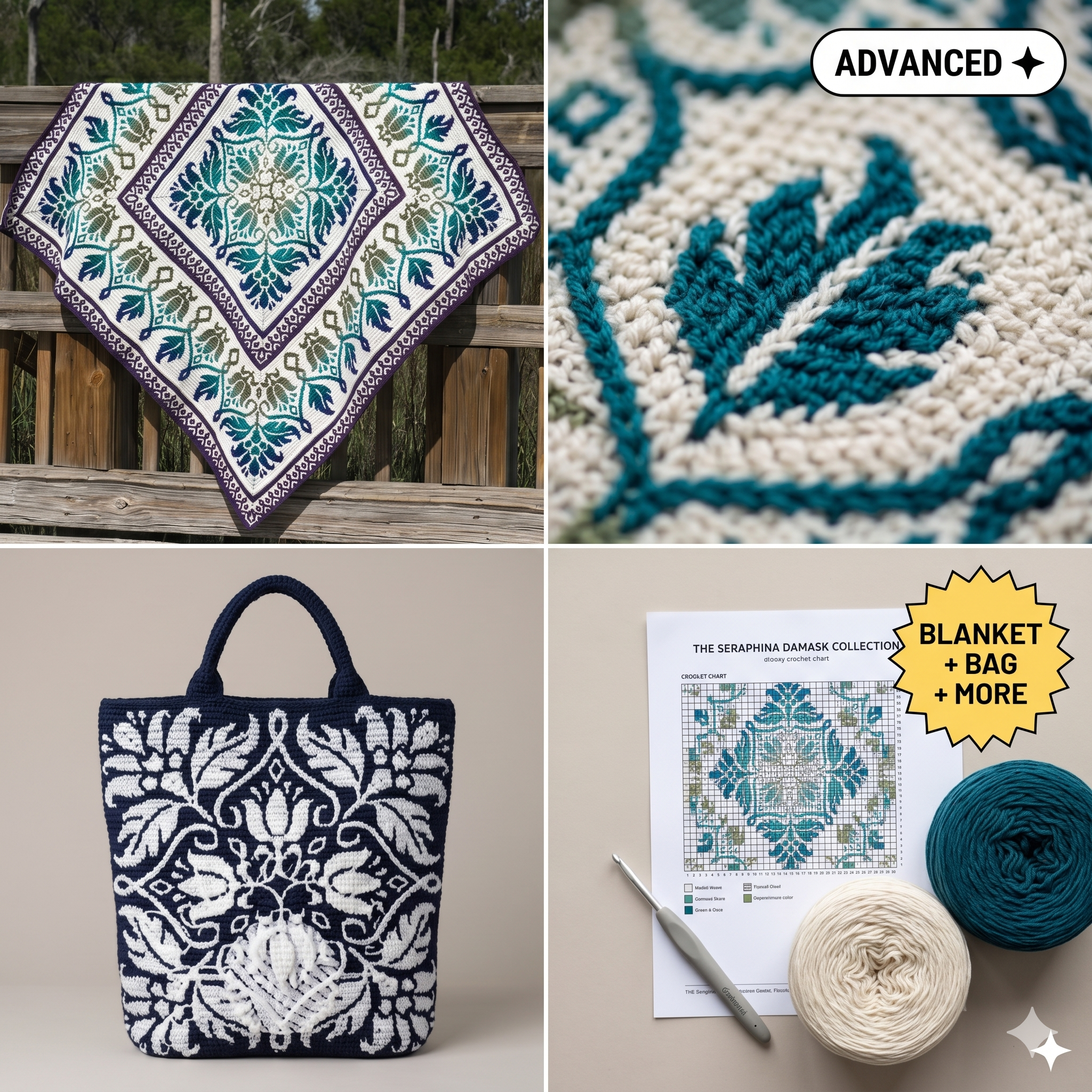 3 in 1 Petalique Crochet PATTERN Set - Blanket, Pillow/ Wall Hanging, Bag/ Cushion - Overlay Mosaic (PDF)