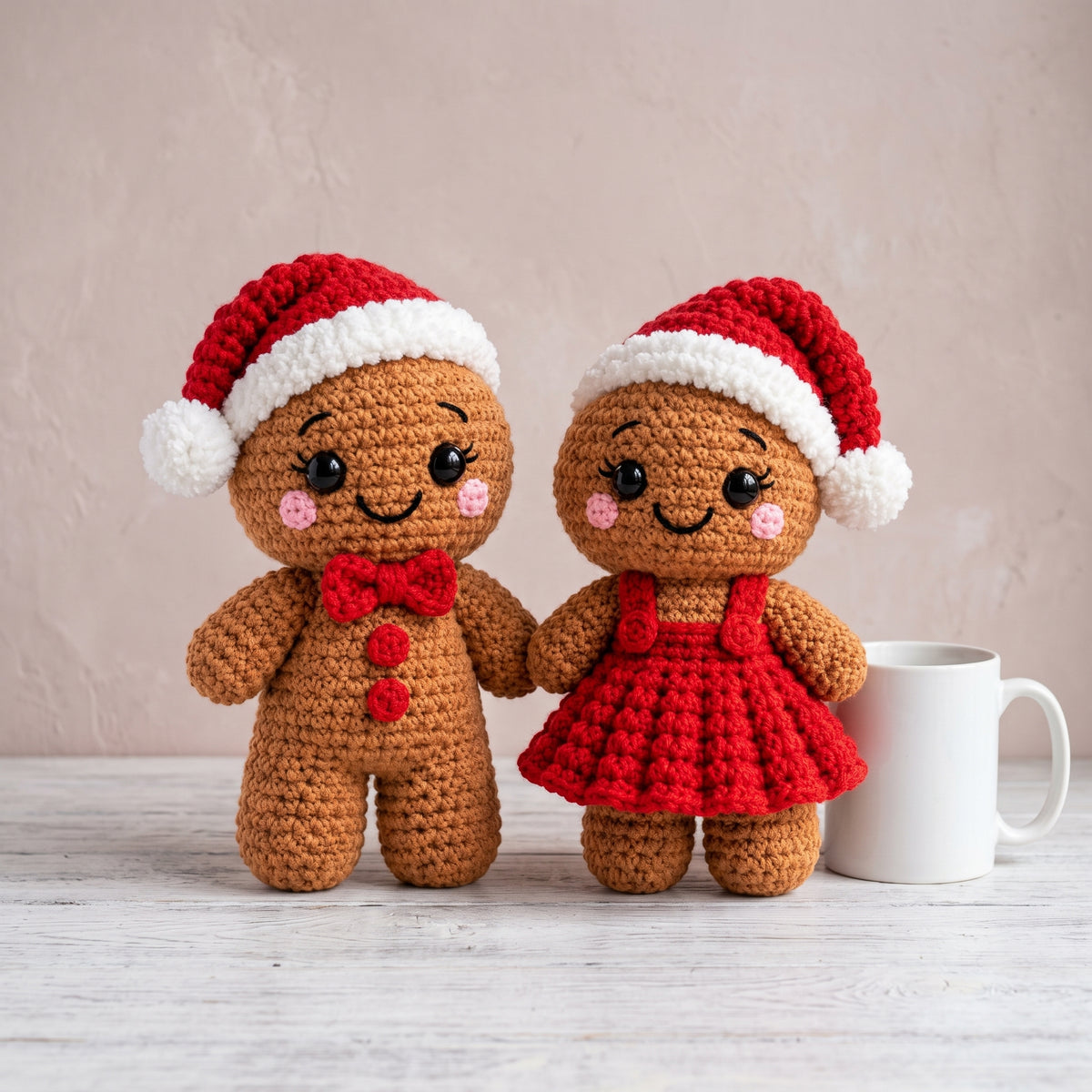 Gingerbread Couple Crochet Pattern PDF, Boy and Girl Amigurumi Dolls with Santa Hats, Bobble Dress and Bow Tie, Christmas Decor