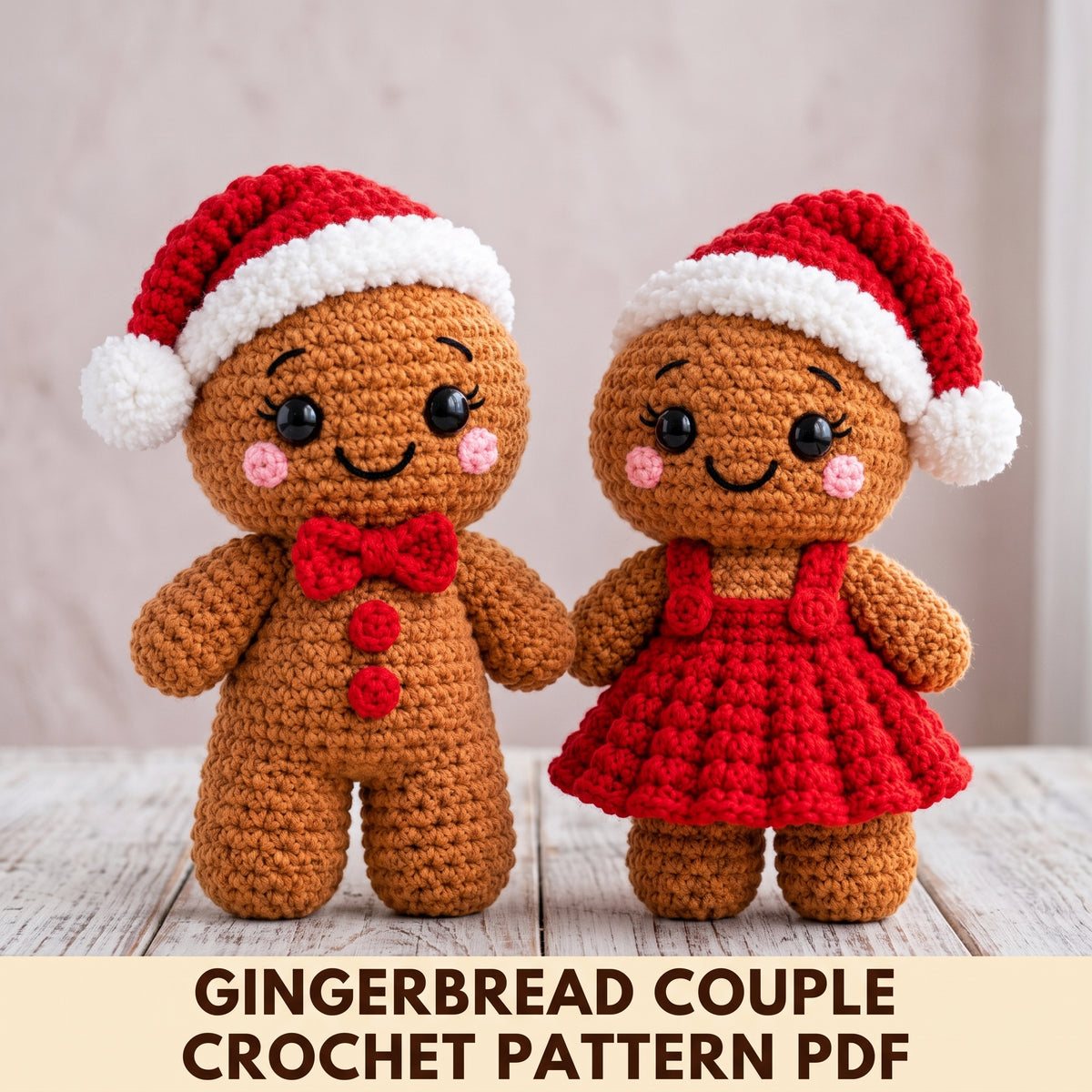 Gingerbread Couple Crochet Pattern PDF, Boy and Girl Amigurumi Dolls with Santa Hats, Bobble Dress and Bow Tie, Christmas Decor