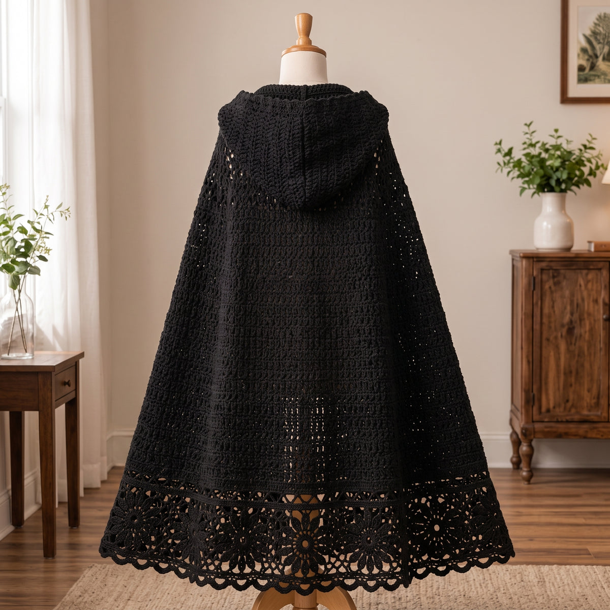 Hooded Cape Crochet Pattern PDF, Gothic Lace Cloak, S/M to 3XL