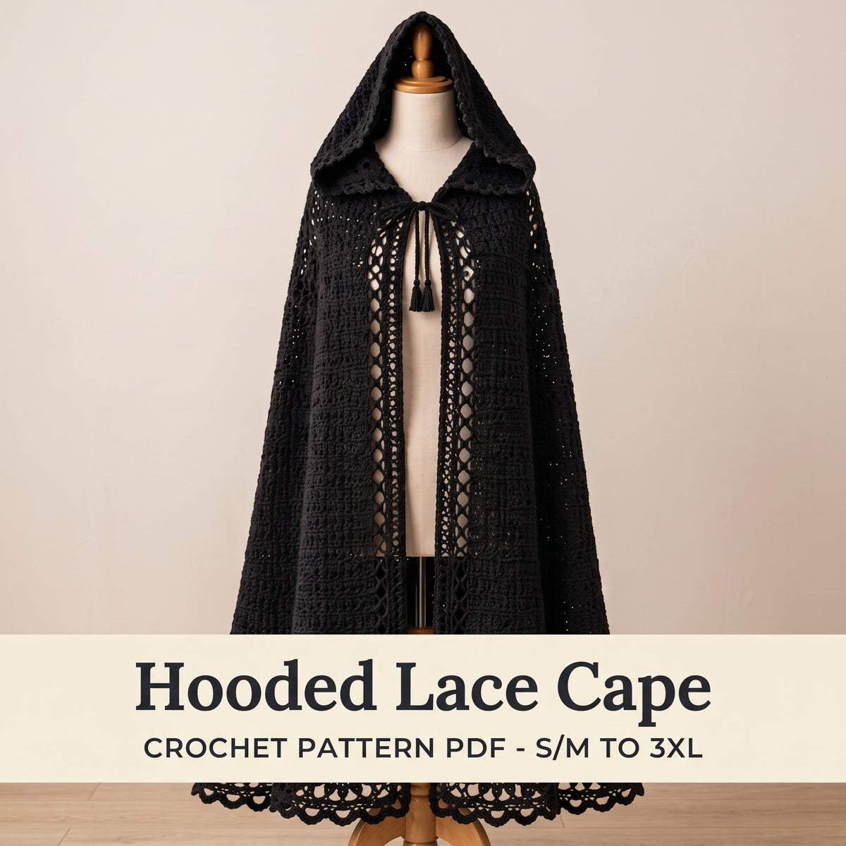 Hooded Cape Crochet Pattern PDF, Gothic Lace Cloak, S/M to 3XL