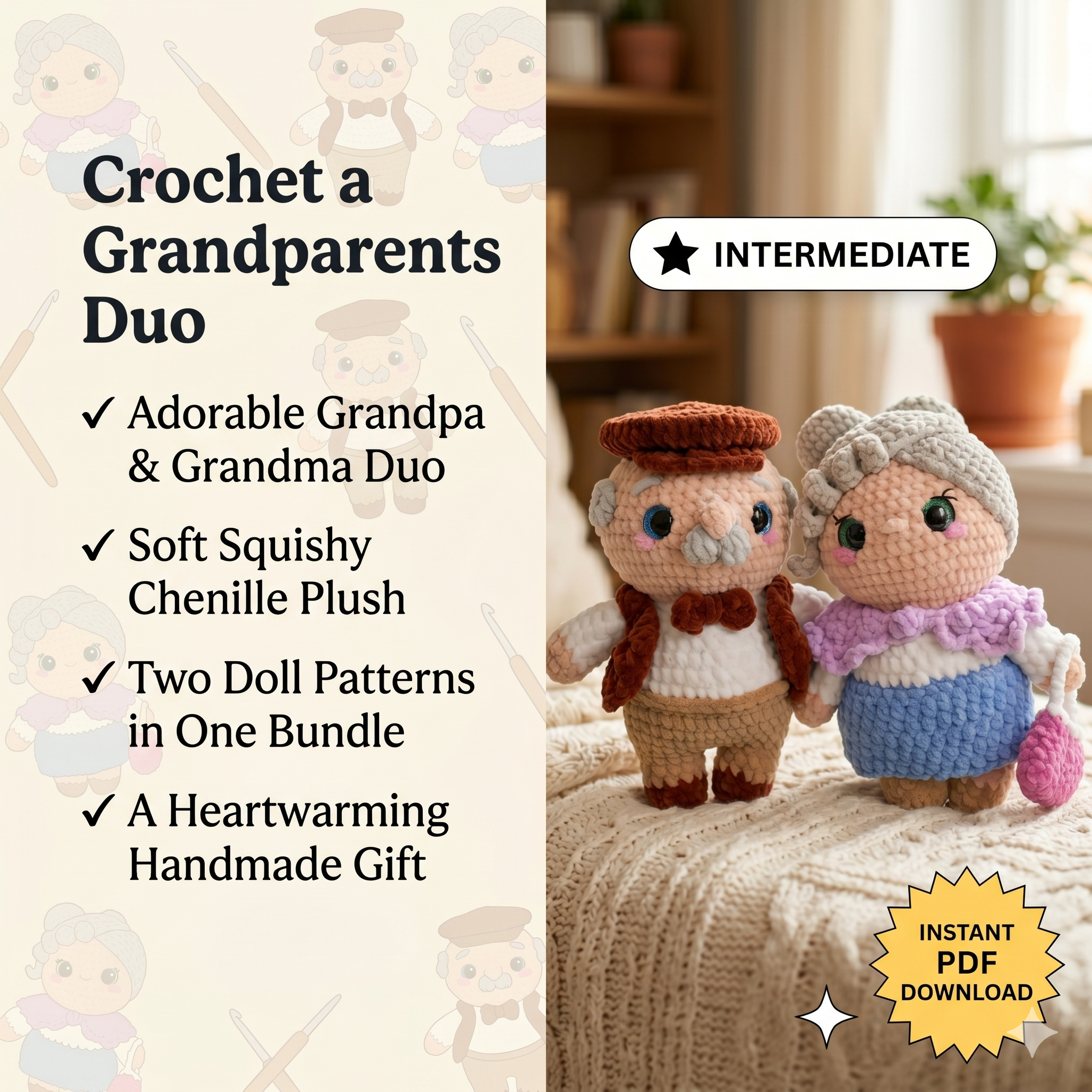 Grandpa & Grandma Amigurumi Bundle PDF – Cute Crochet Granny and Grandpa Doll Patterns