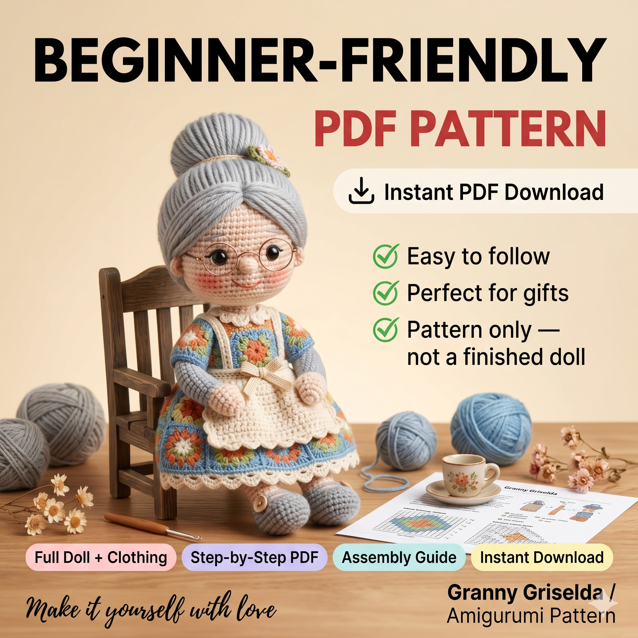 Granny Amigurumi Crochet Pattern ā Grandma Doll PDF Tutorial