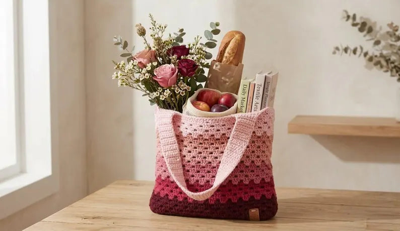 Granny Stitch Tote Bag Crochet Pattern, Ombre Pink Market Bag (PDF Download)