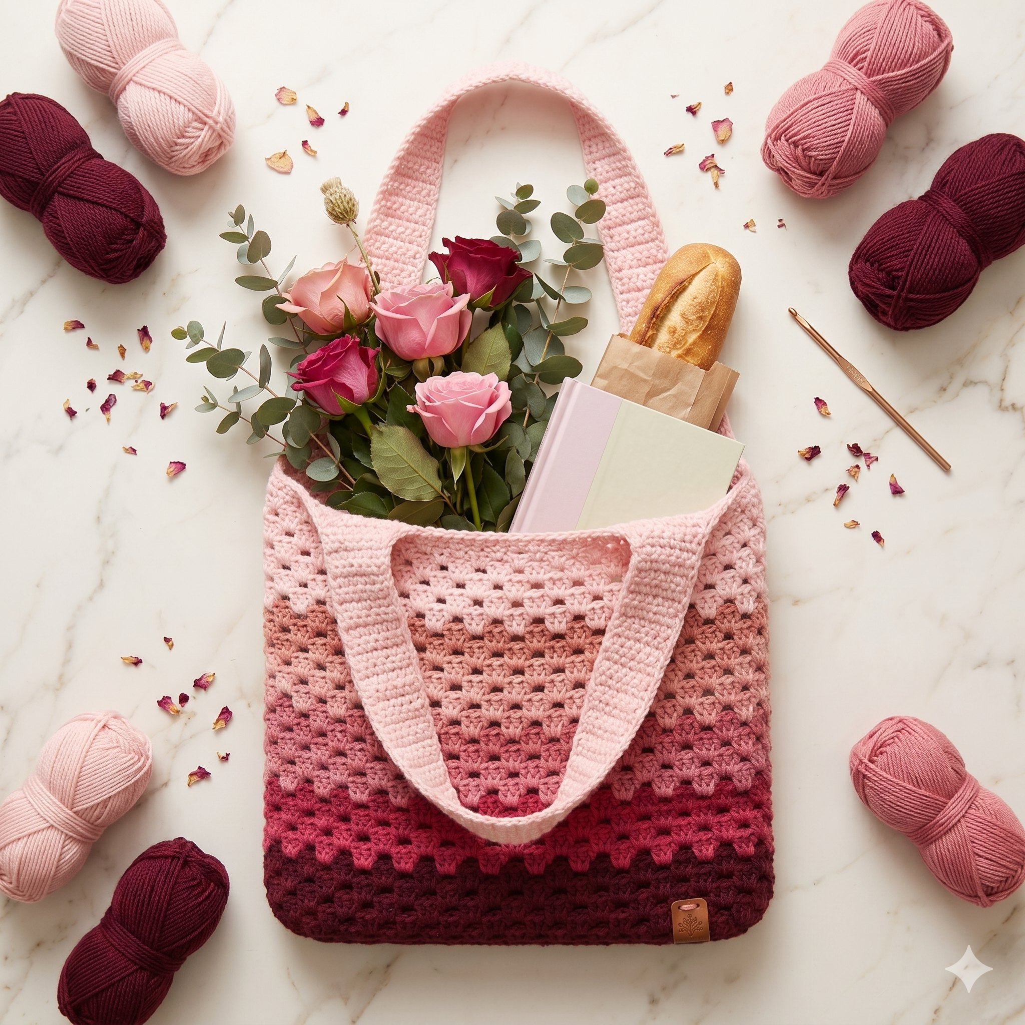 Granny Stitch Tote Bag Crochet Pattern, Ombre Pink Market Bag (PDF Download)