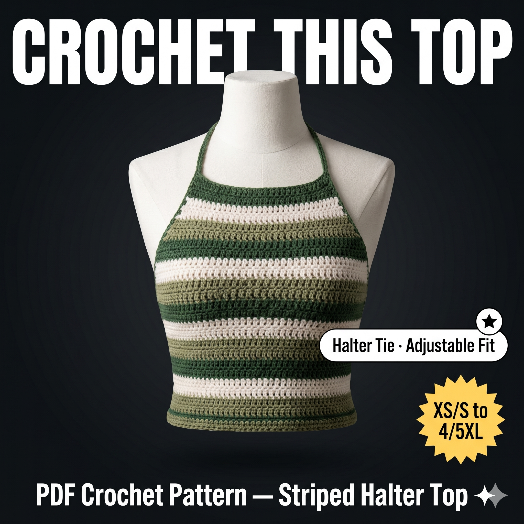 Green Halter Top Crochet Pattern PDF | Summer Crop Top | XS/S, M, L, XL, 2/3XL, 4/5XL Inclusive | Beginner Friendly | Boho Striped Top