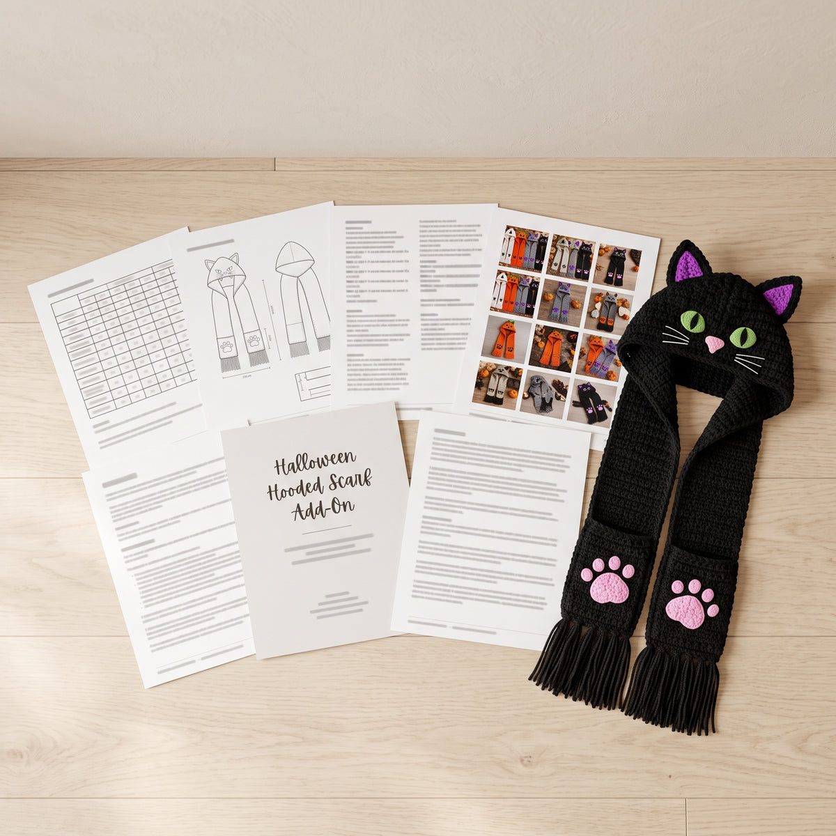 Halloween Hooded Scarf Add-On Crochet Pattern PDF, Ghost, Pumpkin, Bat and Black Cat Appliques, Pocket Motifs