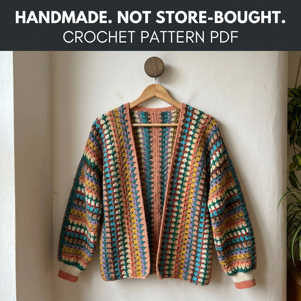 Granny Stripe Cardigan Crochet Pattern PDF - Colorful Open Front Boho Cardigan for Women