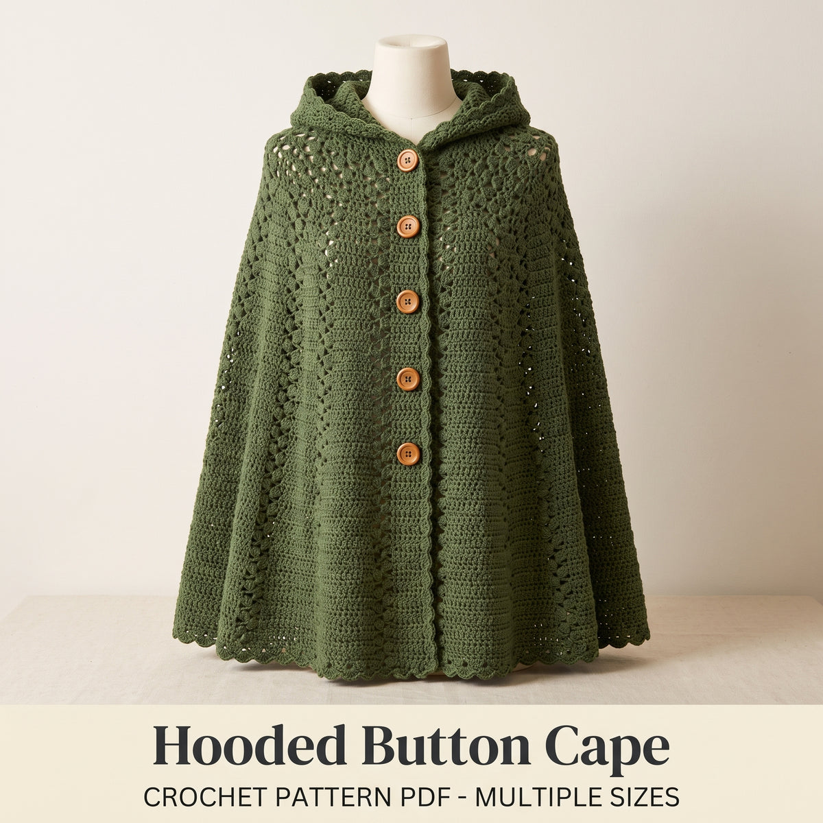 Hooded Cape Crochet Pattern PDF, Button Front Lace Poncho Wrap