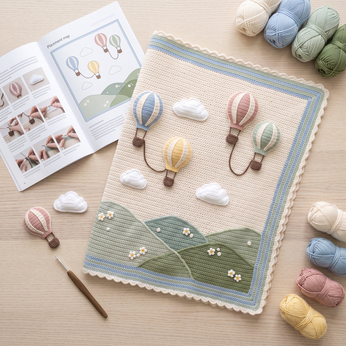 Hot Air Balloon Baby Blanket Crochet Pattern PDF, 3D Balloons, Clouds and Hills Nursery Afghan, Gender Neutral Gift