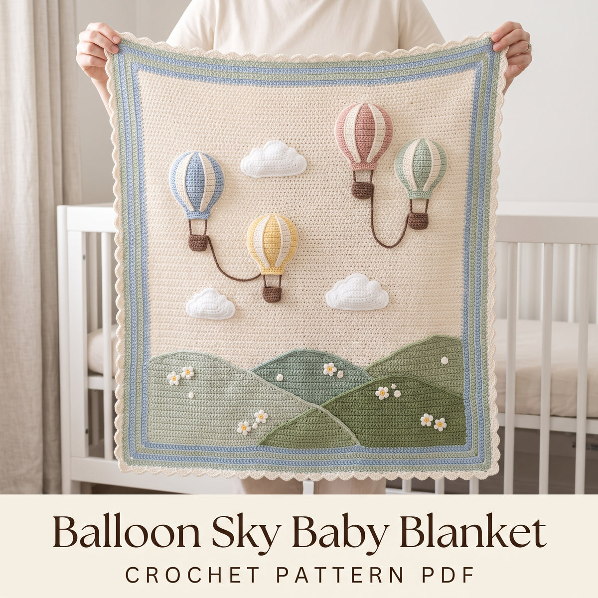 Hot Air Balloon Baby Blanket Crochet Pattern PDF, 3D Balloons, Clouds and Hills Nursery Afghan, Gender Neutral Gift