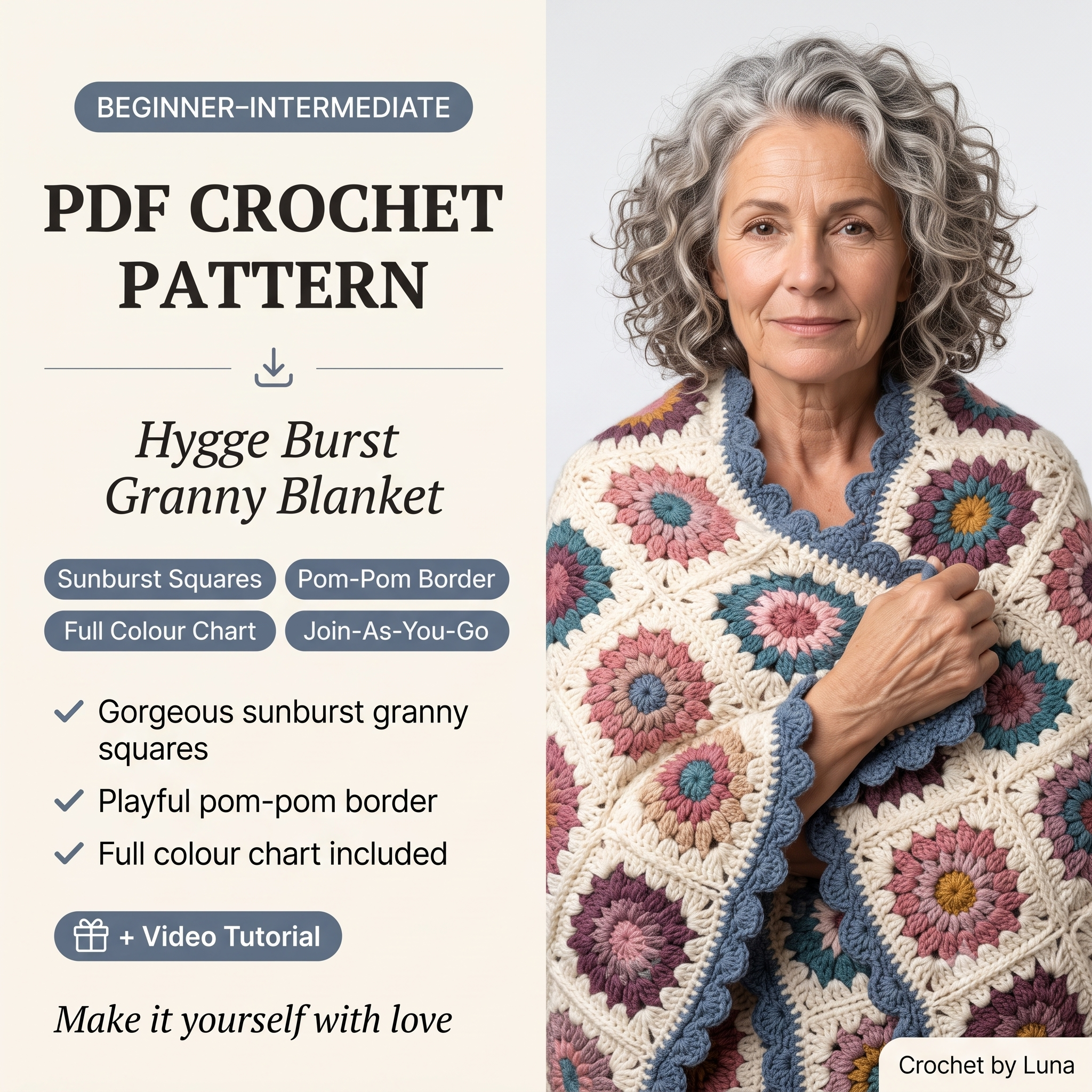 Hygge Burst Blanket โ Crochet Pattern (PDF + Video) | Sunburst Granny Square Throw