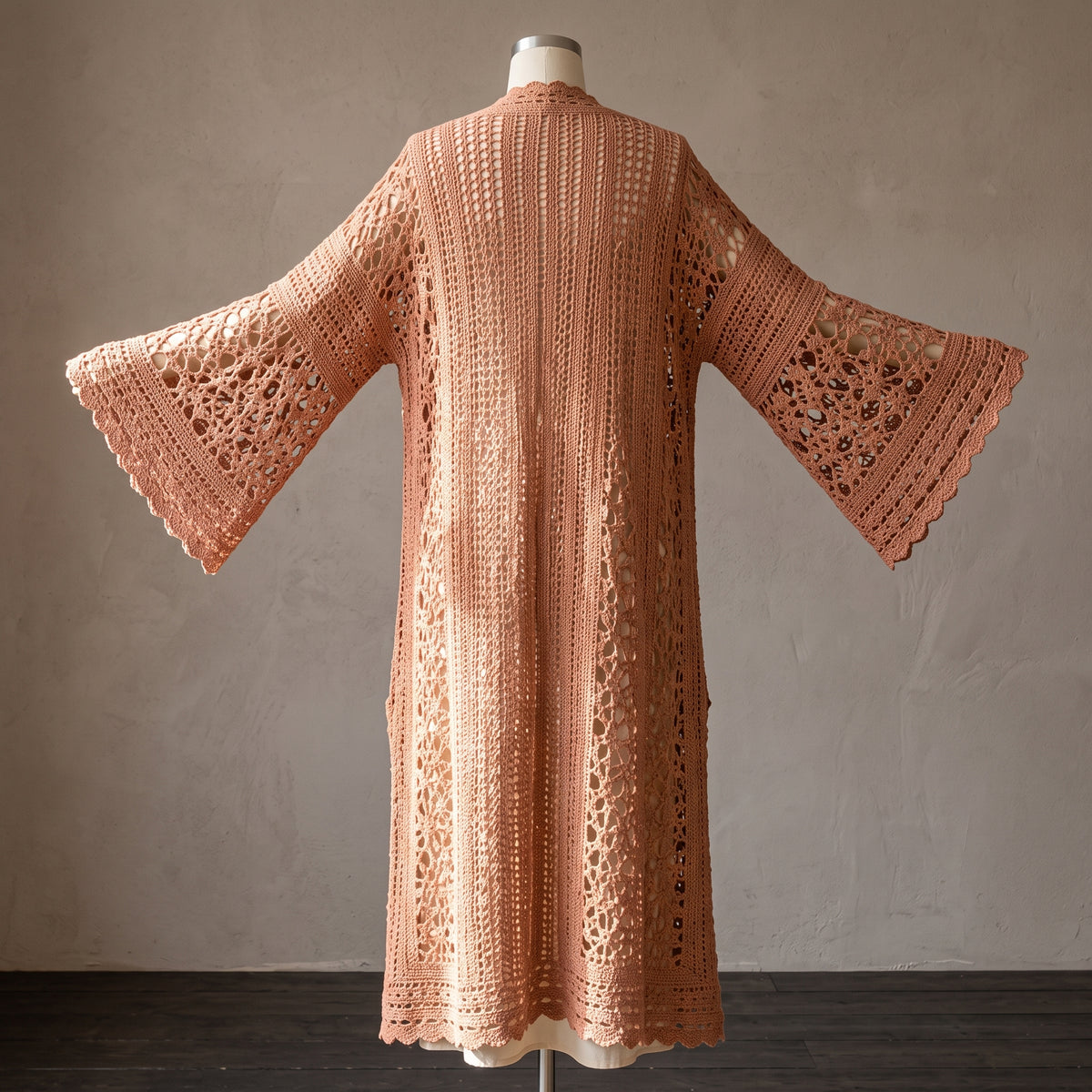 Crochet Lace Duster Cardigan Pattern PDF | Long Kimono Cover-Up with Bell Sleeves, XS-5XL Sizes