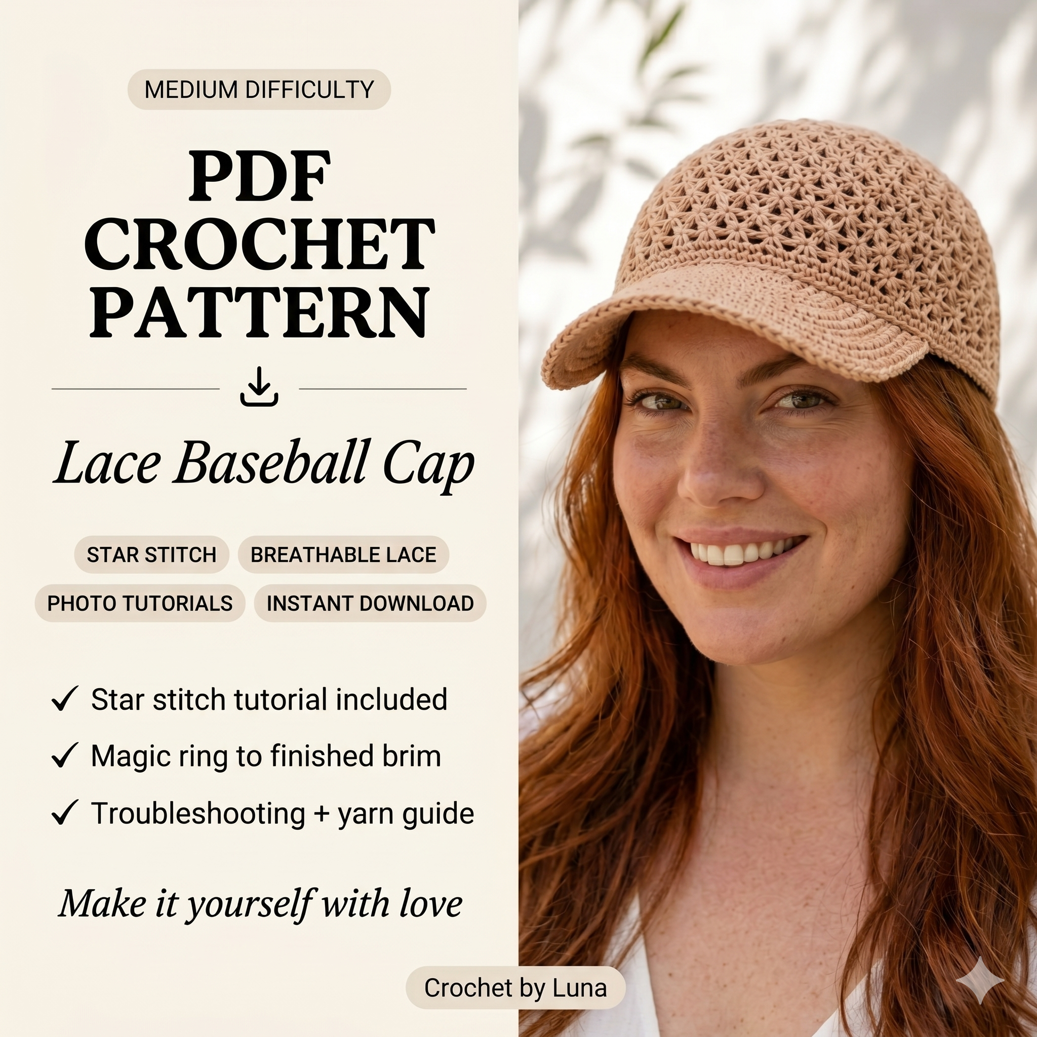 Lace Baseball Cap โ Crochet Pattern (PDF) | Star Stitch Summer Hat
