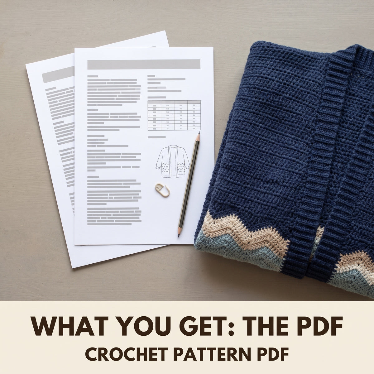 Long Crochet Cardigan Pattern, Rounded Wave Stripes in Blue and Sand, Flowy Blanket Cardigan, Instant PDF