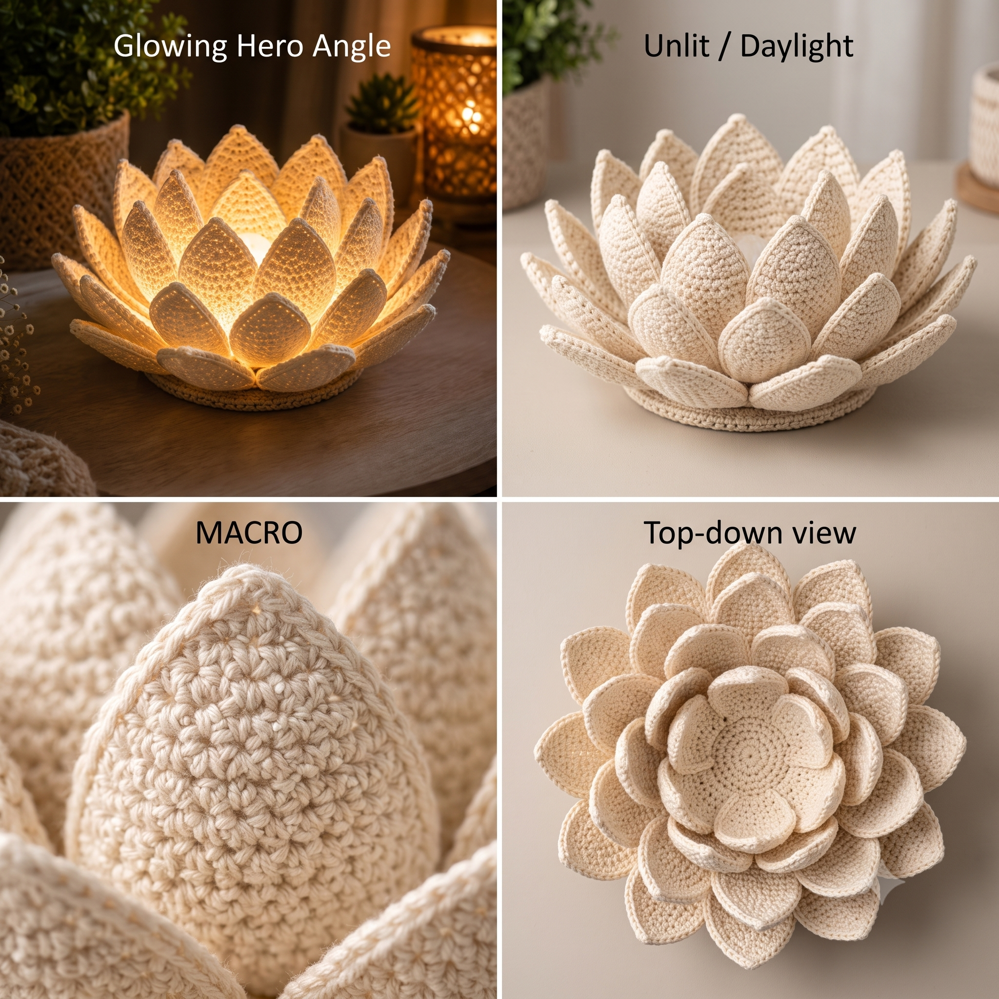 Crochet Lotus Flower Lamp Pattern PDF, Handmade Cotton Decor Light, LED Lotus Lamp, Cozy Home Decor, Beginner Friendly, Instant Download