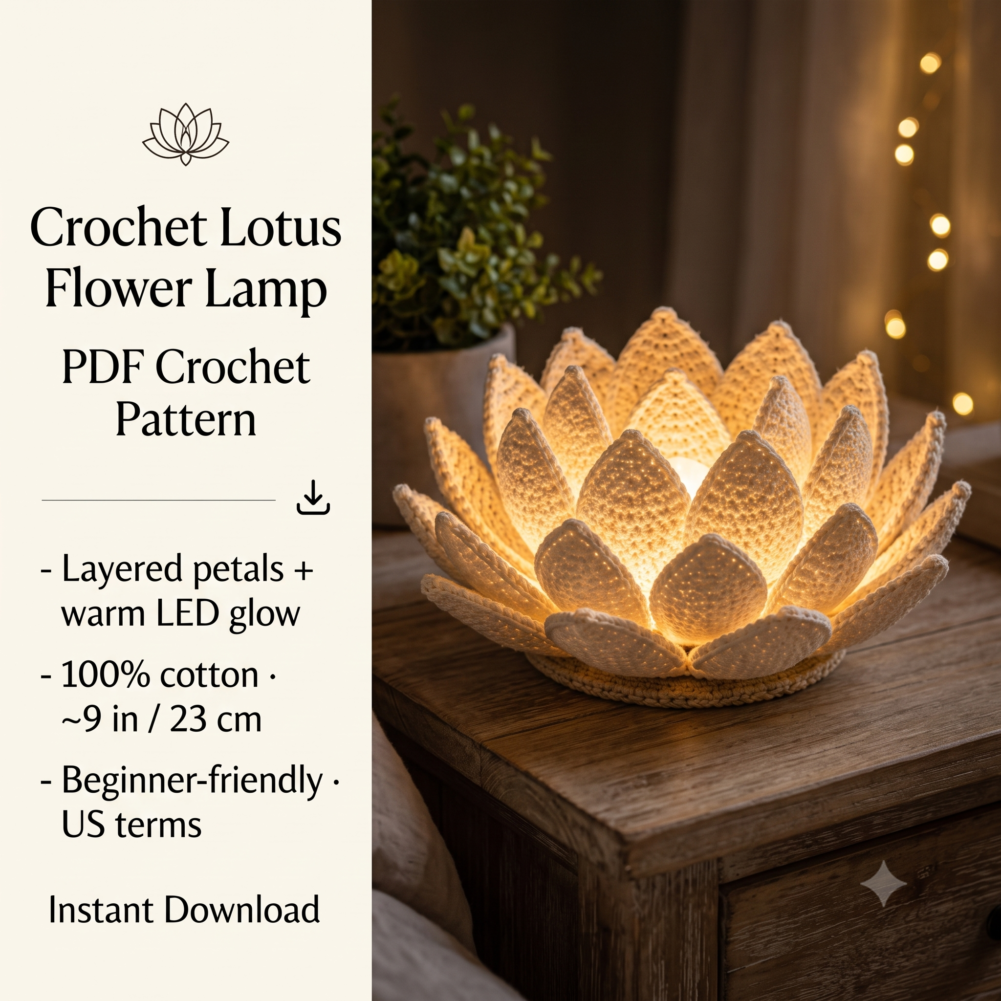 Crochet Lotus Flower Lamp Pattern PDF, Handmade Cotton Decor Light, LED Lotus Lamp, Cozy Home Decor, Beginner Friendly, Instant Download