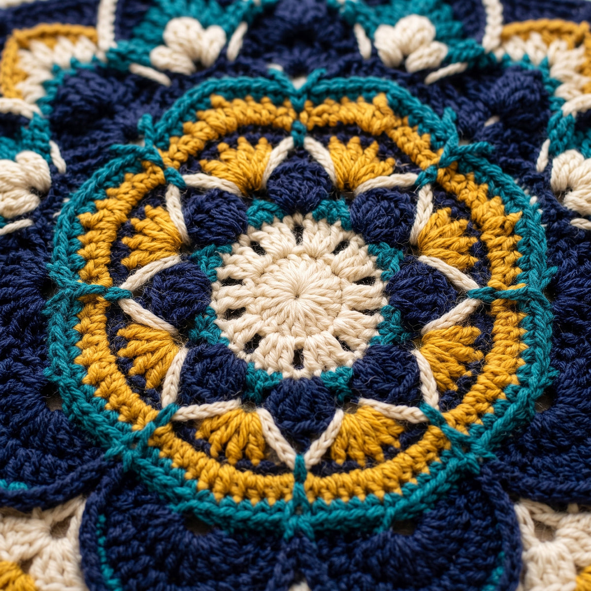 Crochet Mandala Blanket Pattern PDF | Boho Afghan / Throw, Navy Teal & Mustard, Overlay Rounds | Download
